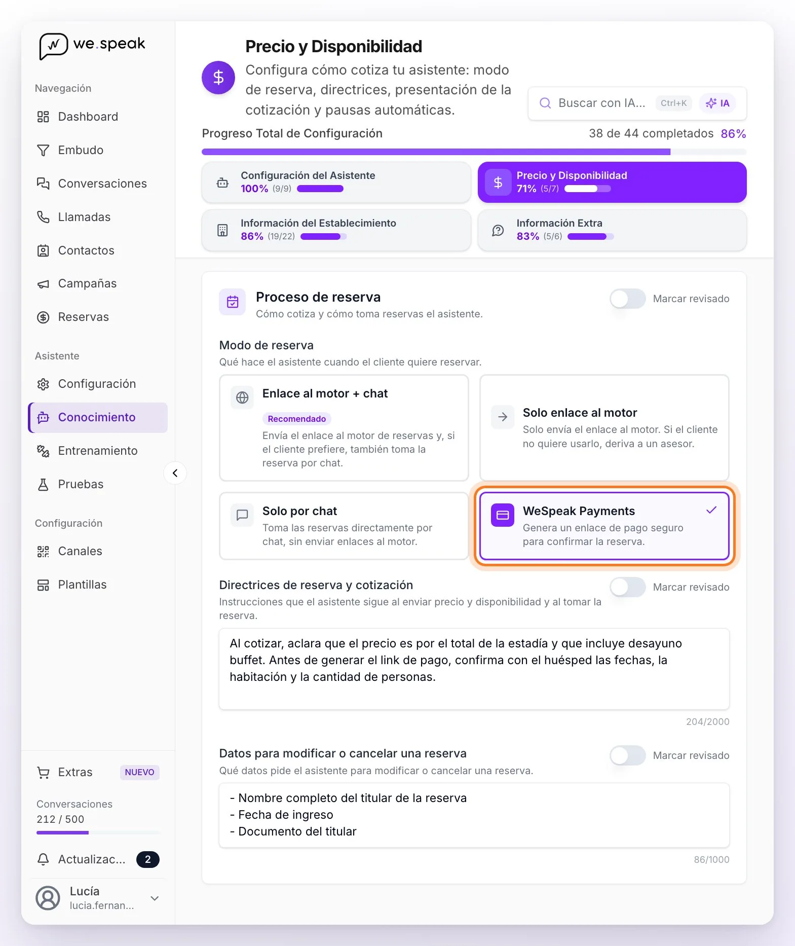 Conocimiento, Precio y Disponibilidad: sección Proceso de reserva con el modo de reserva WeSpeak Payments elegido
