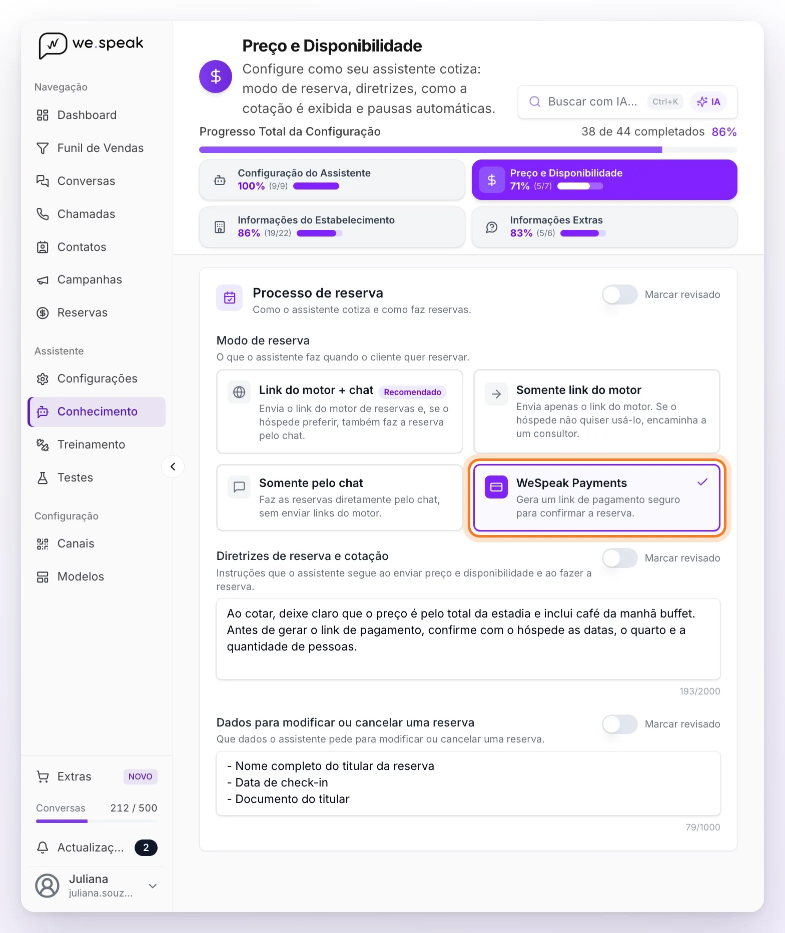 Conhecimento, Preço e Disponibilidade: seção Processo de reserva com o modo de reserva WeSpeak Payments selecionado