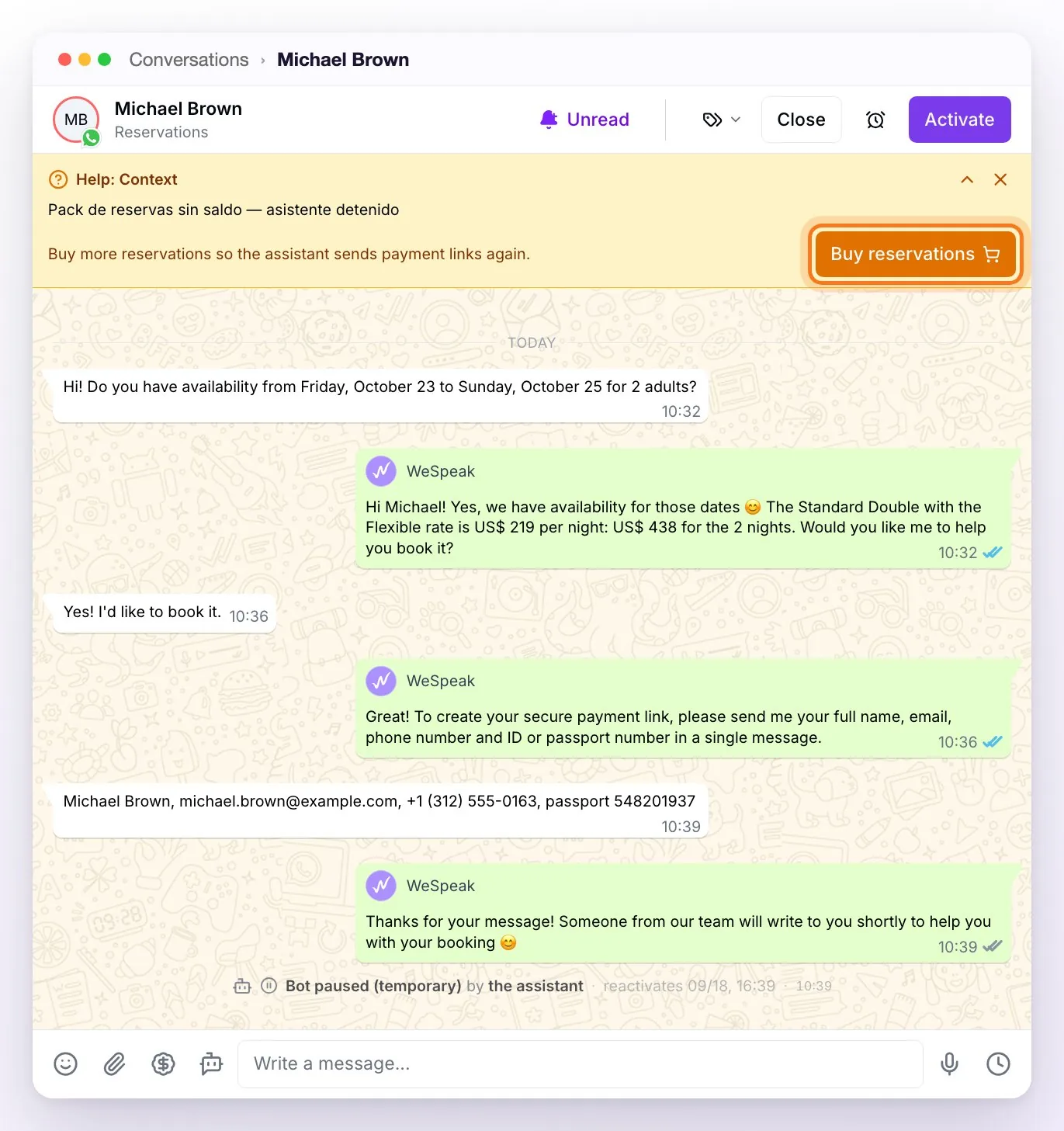 Conversation where the assistant stopped because the reservations balance ran out, with the Help: Context notice and the Buy reservations button