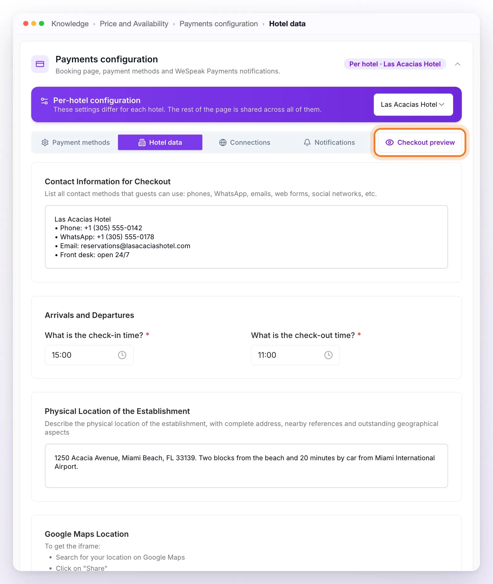 The Payments configuration section open: the Per-hotel configuration bar with the property selector, the Payment methods, Hotel data, Connections and Notifications tabs, the Checkout preview button highlighted, and the Hotel data tab with the contact details, check-in and check-out times and location