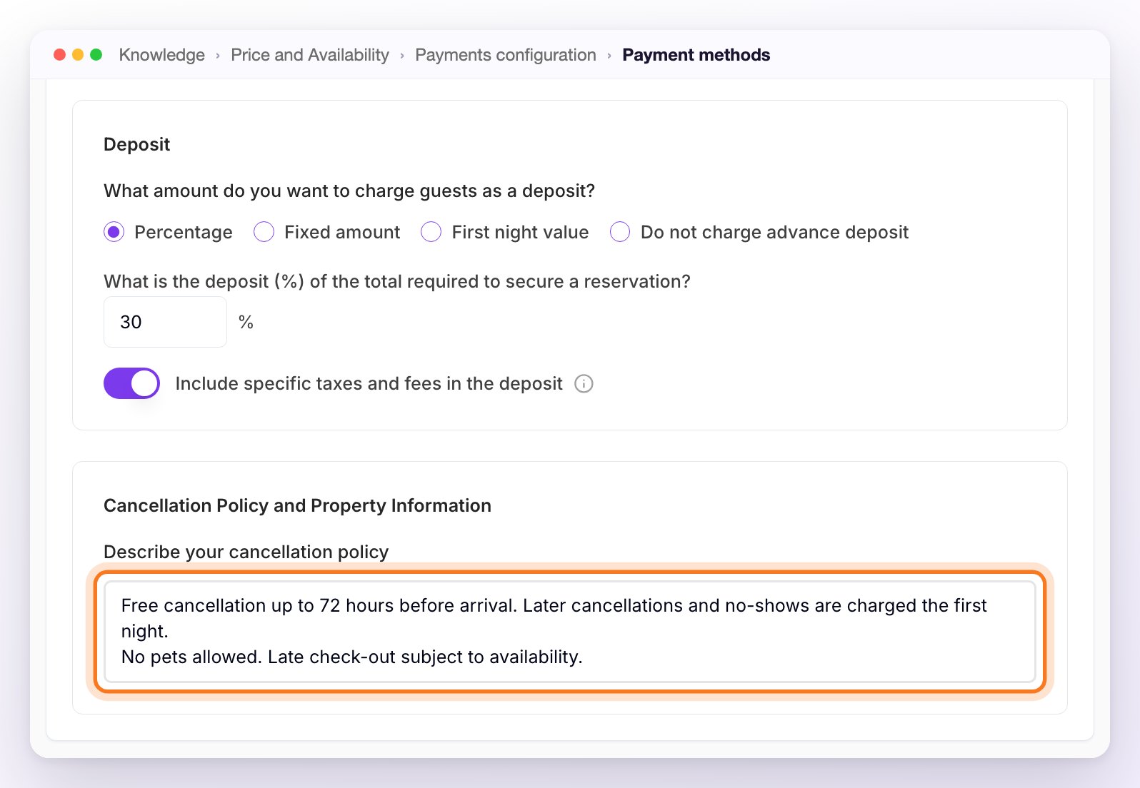 The end of the Payment methods tab: the Deposit set to Percentage with 30% and Include specific taxes and fees in the deposit on, and the Cancellation Policy and Property Information field highlighted
