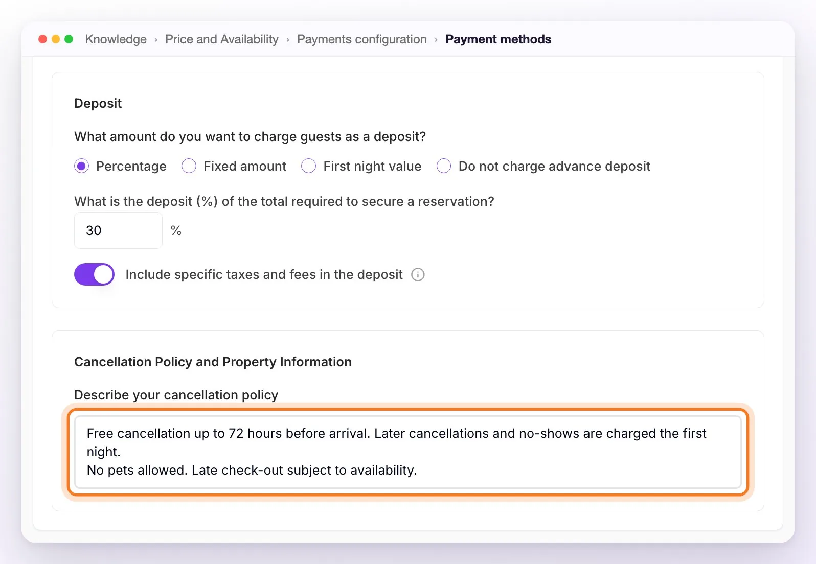 The end of the Payment methods tab: the Deposit set to Percentage with 30% and Include specific taxes and fees in the deposit on, and the Cancellation Policy and Property Information field highlighted