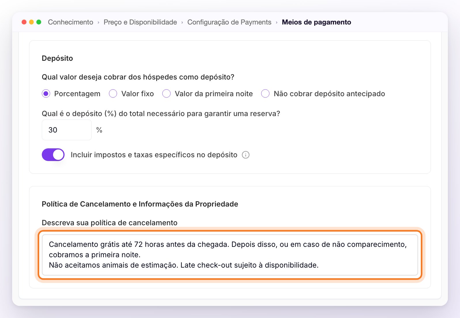 O final da aba Meios de pagamento: o Depósito em Porcentagem com 30% e Incluir impostos e taxas específicos no depósito ativado, e o campo Política de Cancelamento e Informações da Propriedade destacado