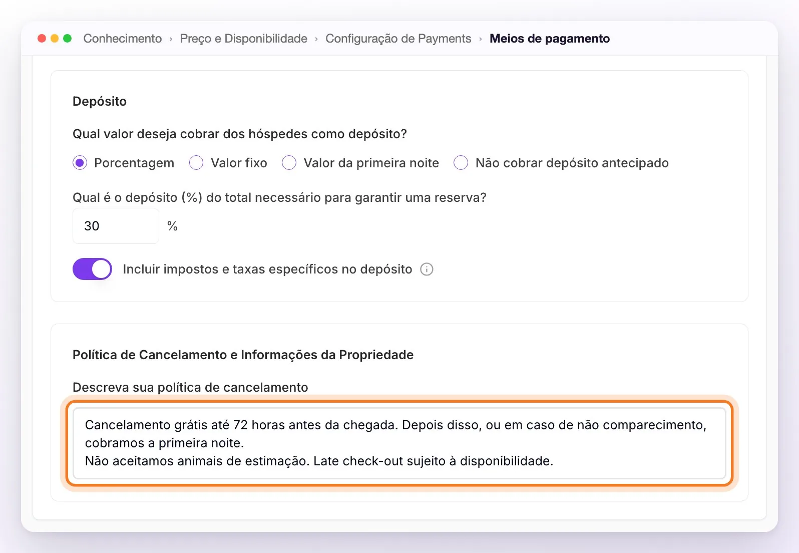 O final da aba Meios de pagamento: o Depósito em Porcentagem com 30% e Incluir impostos e taxas específicos no depósito ativado, e o campo Política de Cancelamento e Informações da Propriedade destacado