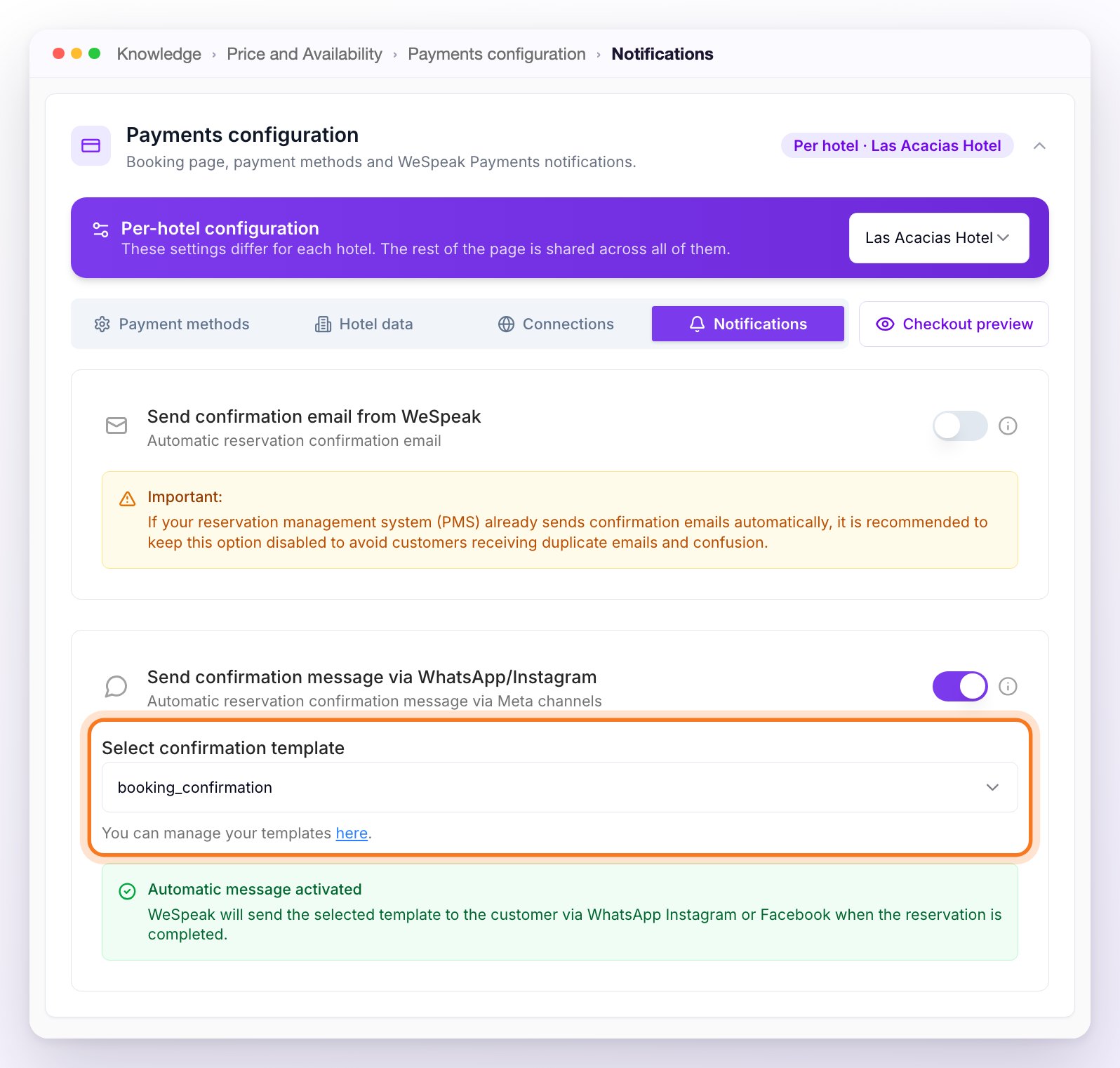 The Notifications tab: Send confirmation email from WeSpeak off with its Important notice, and Send confirmation message via WhatsApp/Instagram on with the chosen confirmation template highlighted