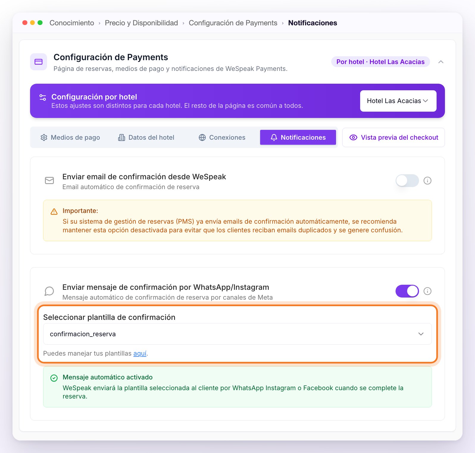 La pestaña Notificaciones: Enviar email de confirmación desde WeSpeak desactivado con su aviso Importante, y Enviar mensaje de confirmación por WhatsApp/Instagram activado con la plantilla de confirmación elegida y señalada