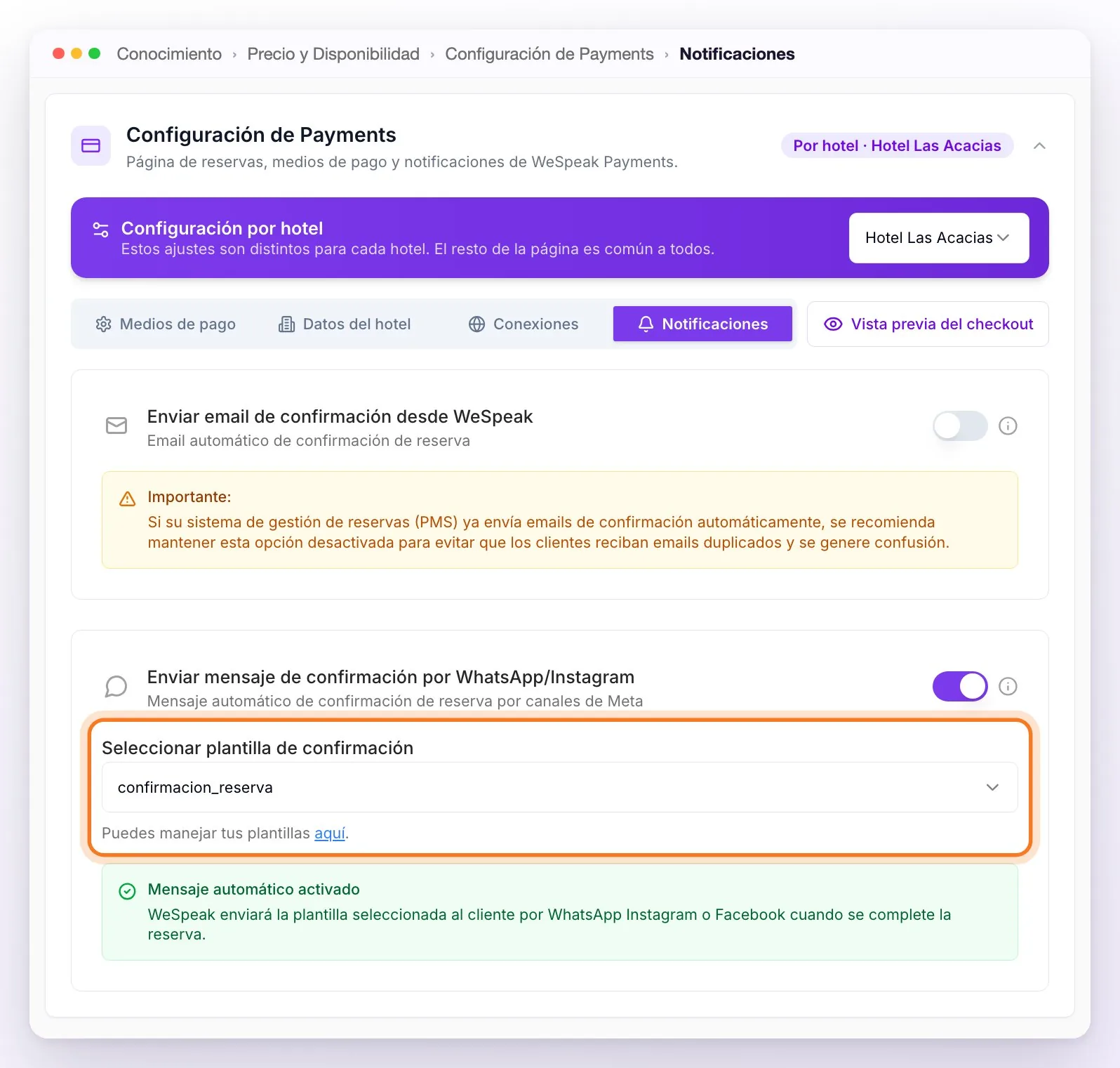 La pestaña Notificaciones: Enviar email de confirmación desde WeSpeak desactivado con su aviso Importante, y Enviar mensaje de confirmación por WhatsApp/Instagram activado con la plantilla de confirmación elegida y señalada