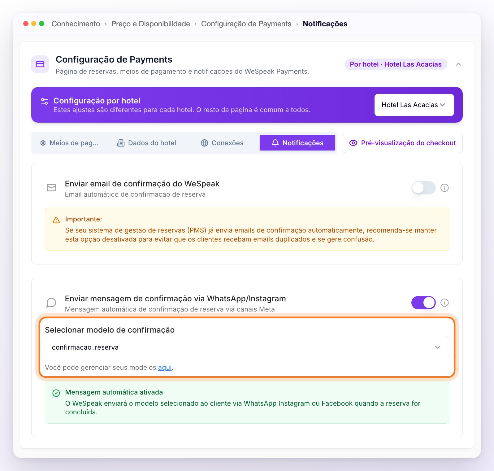 A aba Notificações: Enviar email de confirmação do WeSpeak desativado com o aviso Importante, e Enviar mensagem de confirmação via WhatsApp/Instagram ativado com o modelo de confirmação escolhido destacado