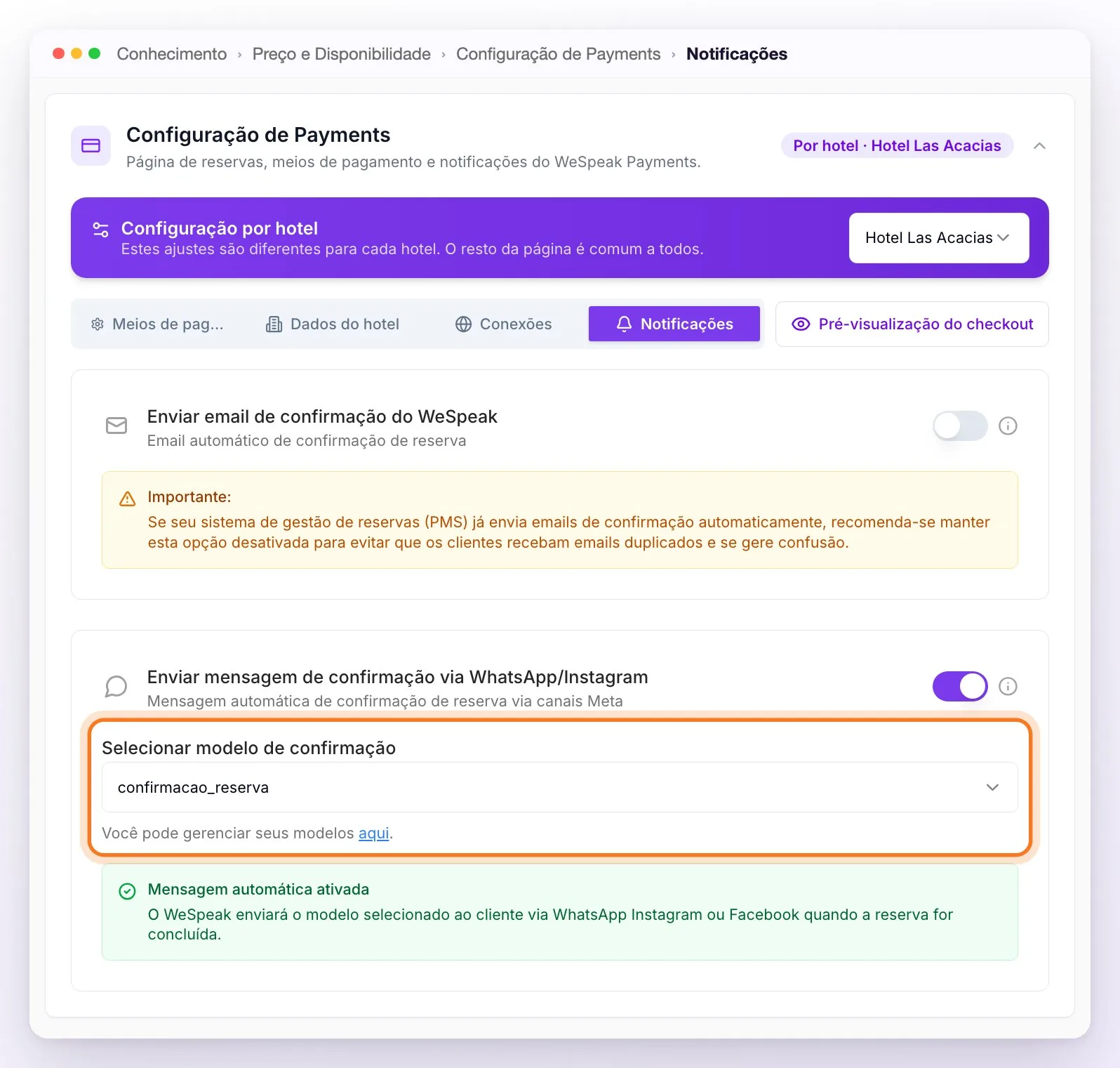 A aba Notificações: Enviar email de confirmação do WeSpeak desativado com o aviso Importante, e Enviar mensagem de confirmação via WhatsApp/Instagram ativado com o modelo de confirmação escolhido destacado