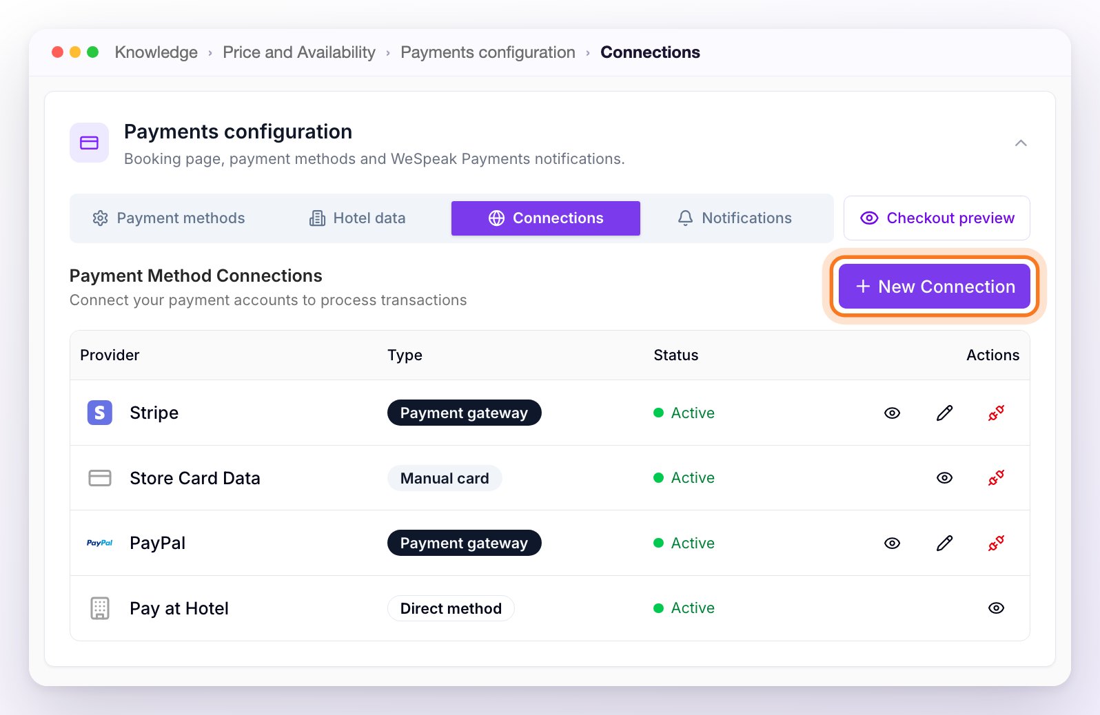 The Connections tab of Payments configuration with Stripe, Store Card Data, PayPal and Pay at Hotel active, and the New Connection button highlighted