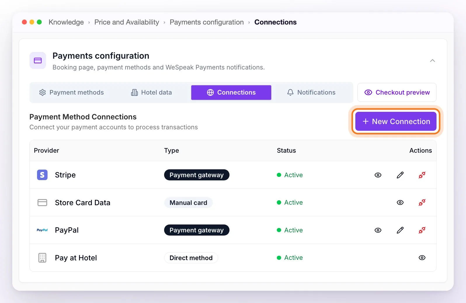 The Connections tab of Payments configuration with Stripe, Store Card Data, PayPal and Pay at Hotel active, and the New Connection button highlighted