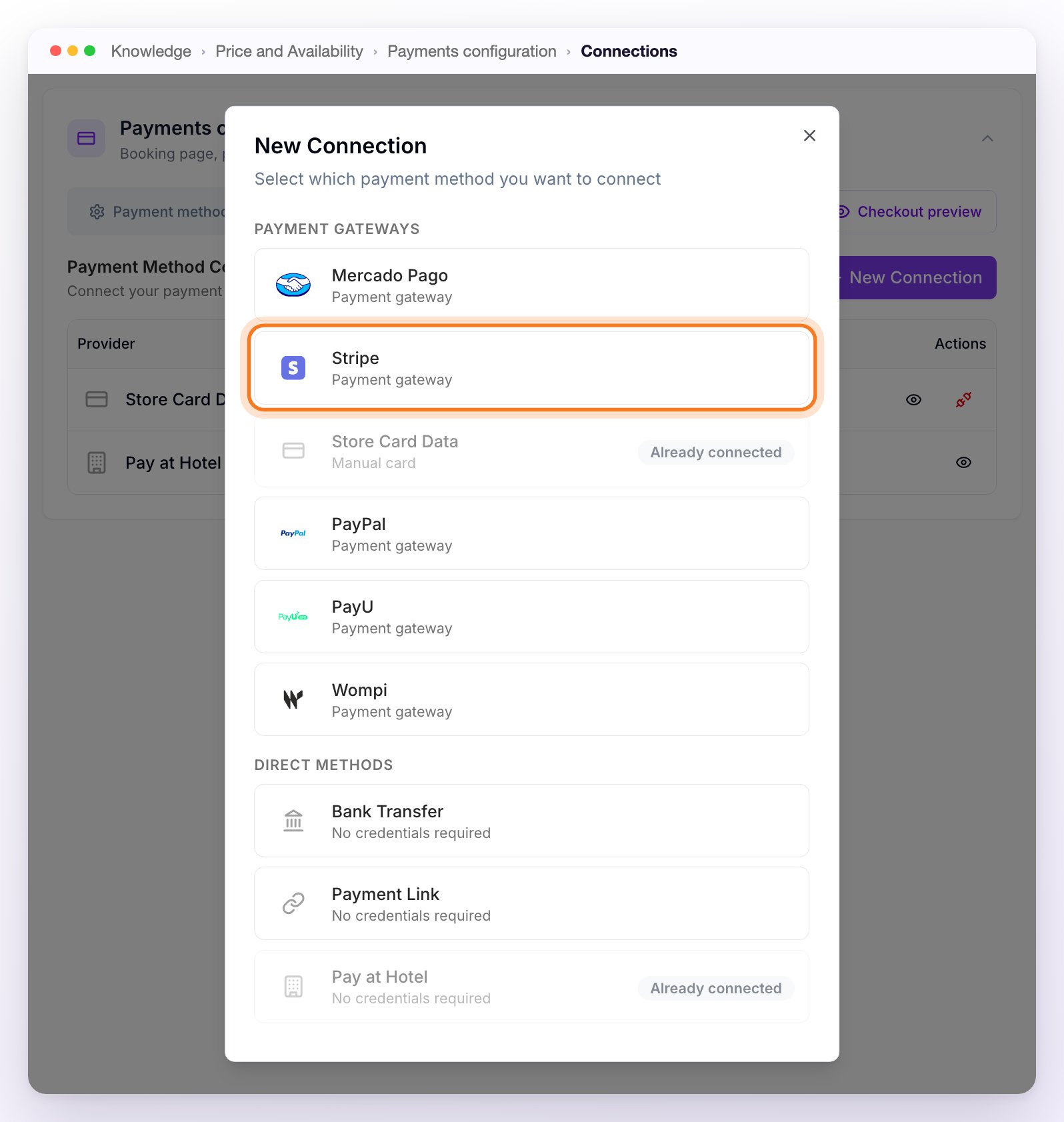 The New Connection window with the payment gateways and the direct methods; Store Card Data and Pay at Hotel already connected, and Stripe highlighted