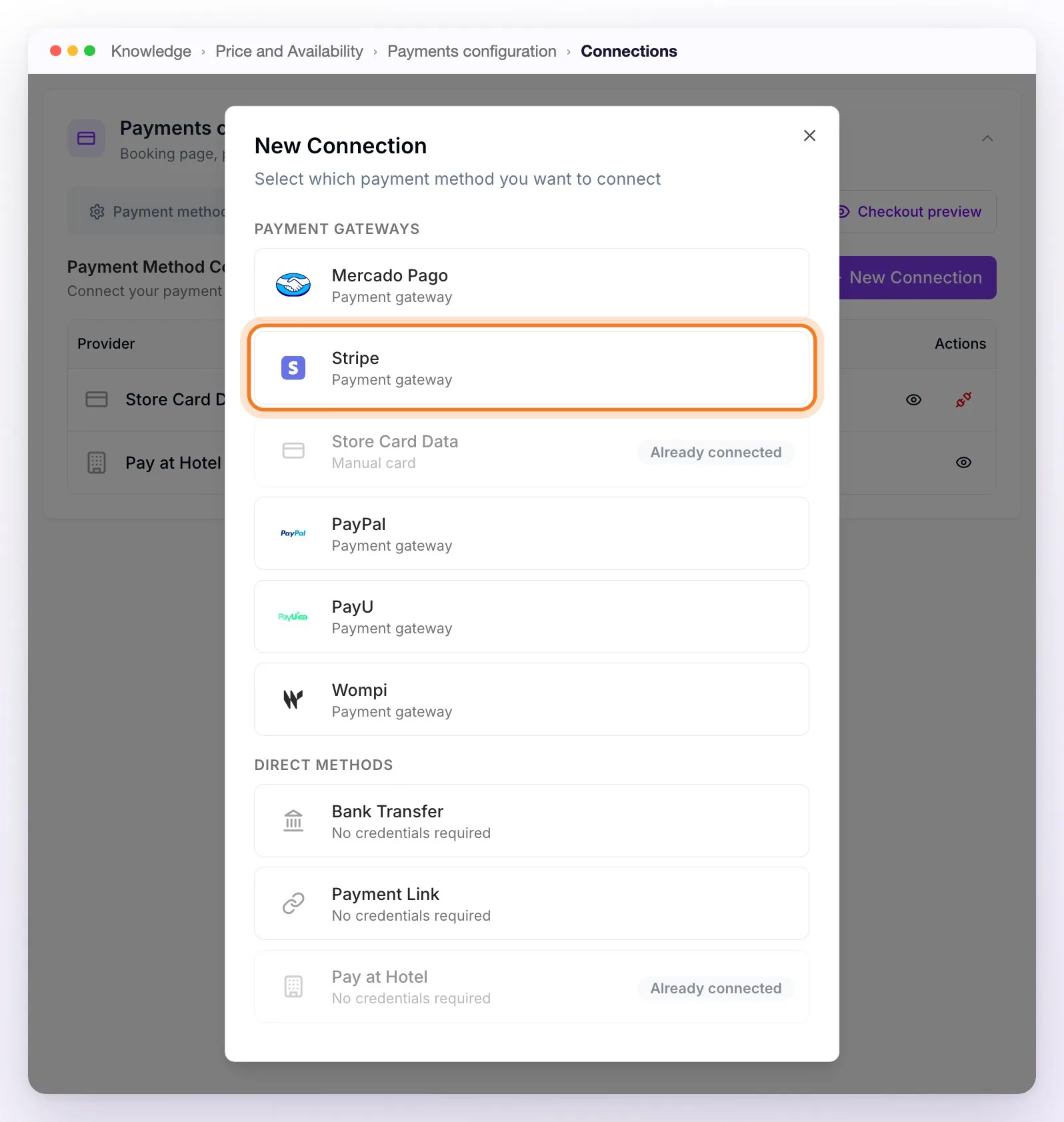 The New Connection window with the payment gateways and the direct methods; Store Card Data and Pay at Hotel already connected, and Stripe highlighted