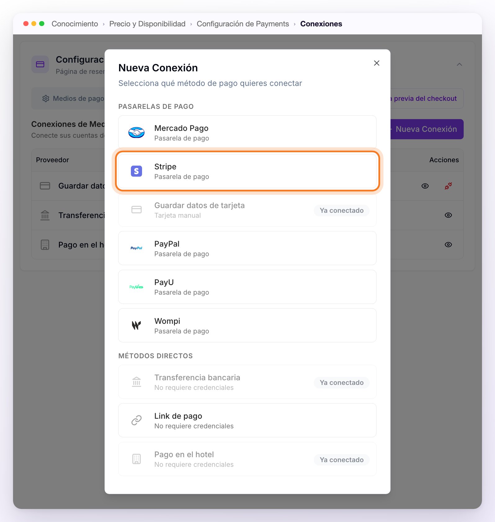 La ventana Nueva Conexión con las pasarelas de pago y los métodos directos; Guardar datos de tarjeta, Transferencia bancaria y Pago en el hotel ya conectados, y Stripe señalado