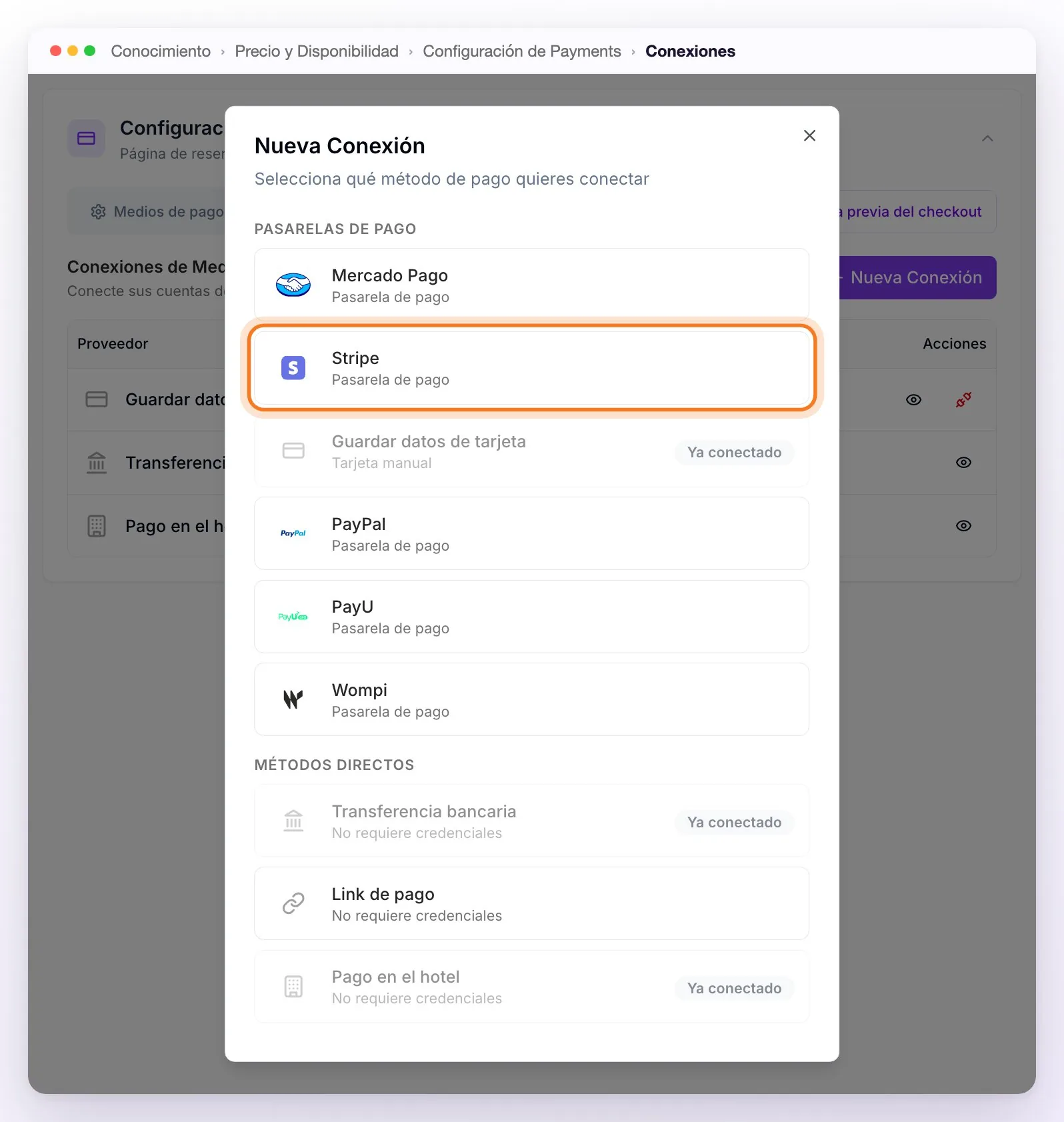 La ventana Nueva Conexión con las pasarelas de pago y los métodos directos; Guardar datos de tarjeta, Transferencia bancaria y Pago en el hotel ya conectados, y Stripe señalado