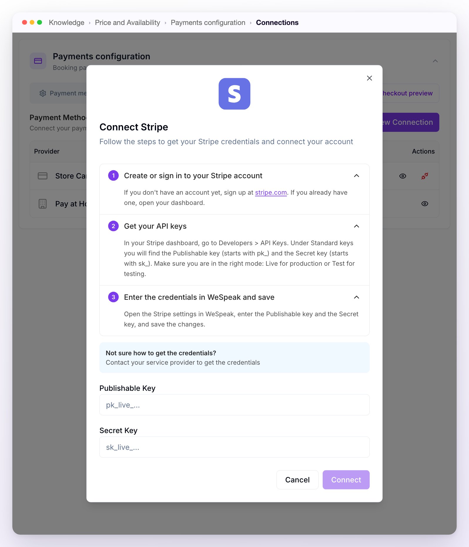 The Connect Stripe window with the three-step guide to get the keys, the Publishable Key and Secret Key fields and the Connect button