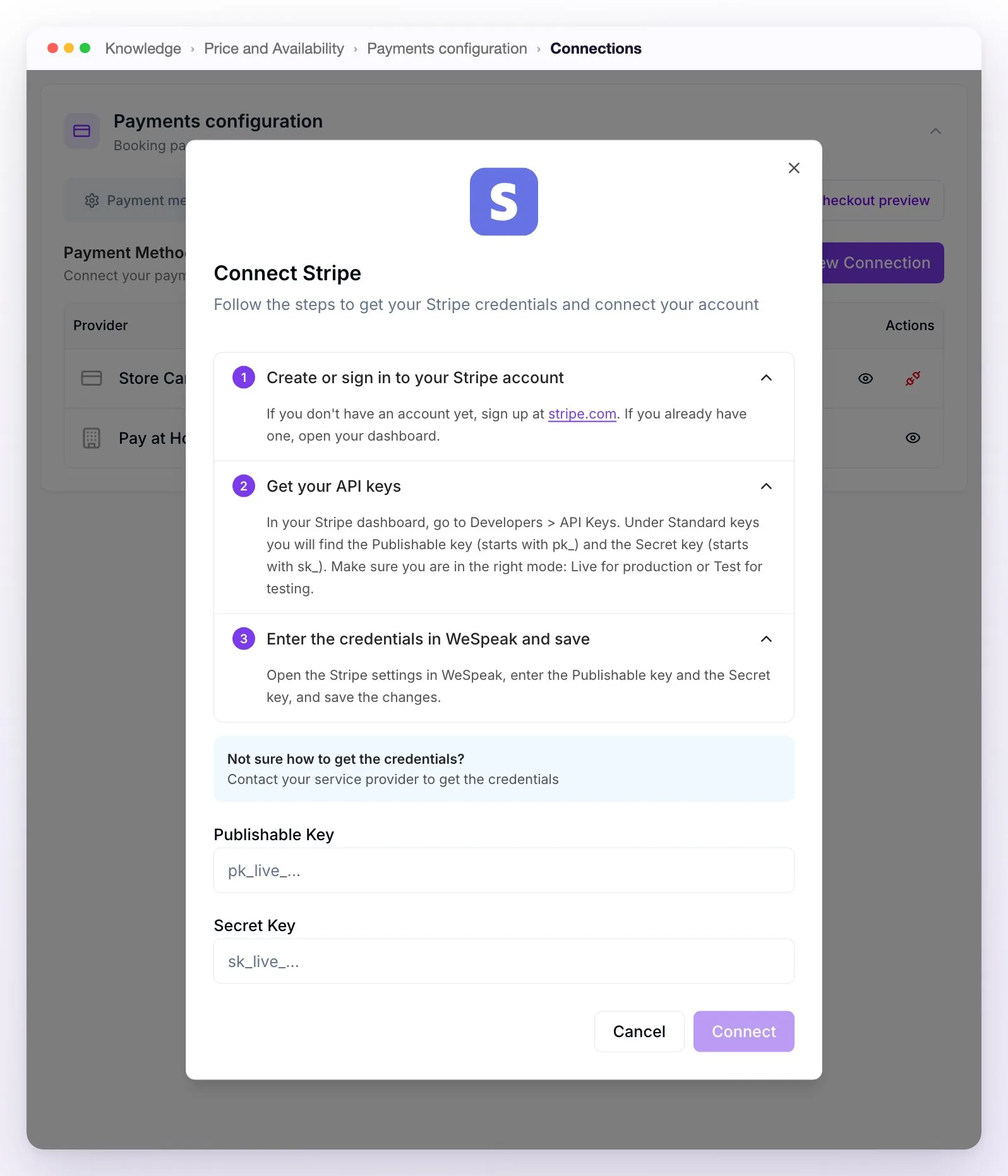 The Connect Stripe window with the three-step guide to get the keys, the Publishable Key and Secret Key fields and the Connect button