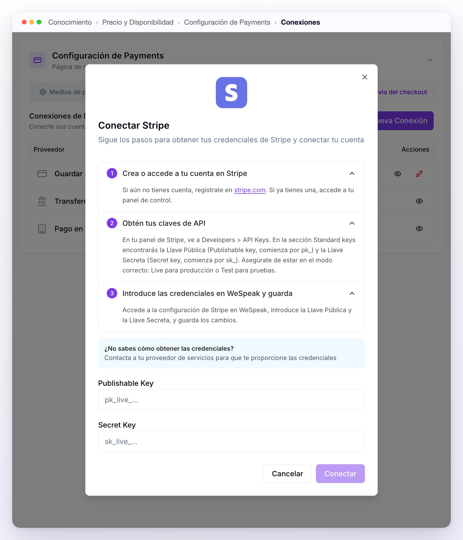 La ventana Conectar Stripe con la guía de tres pasos para obtener las claves, los campos Publishable Key y Secret Key y el botón Conectar