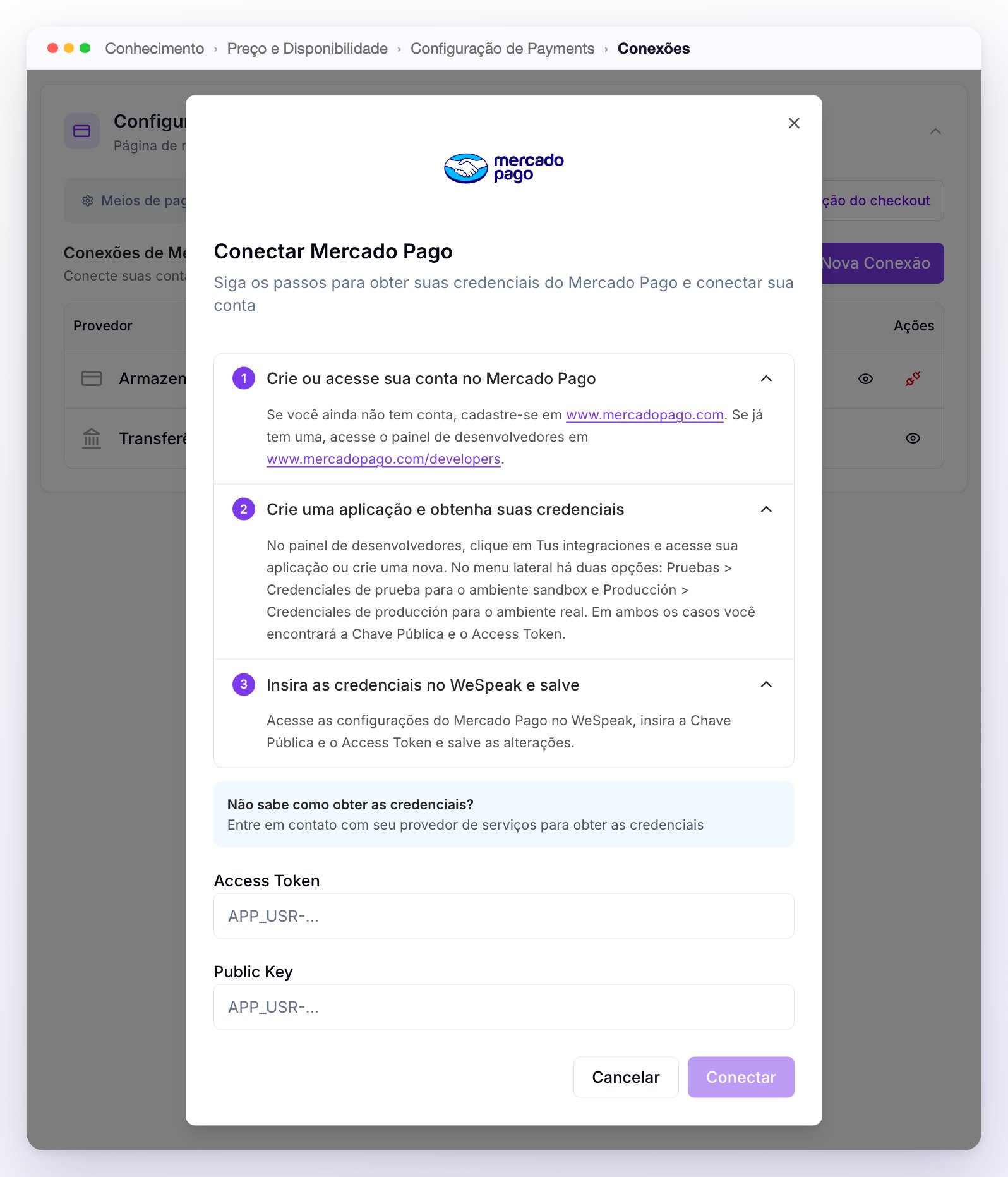 A janela Conectar Mercado Pago com o guia de três passos para obter as credenciais, os campos Access Token e Public Key e o botão Conectar