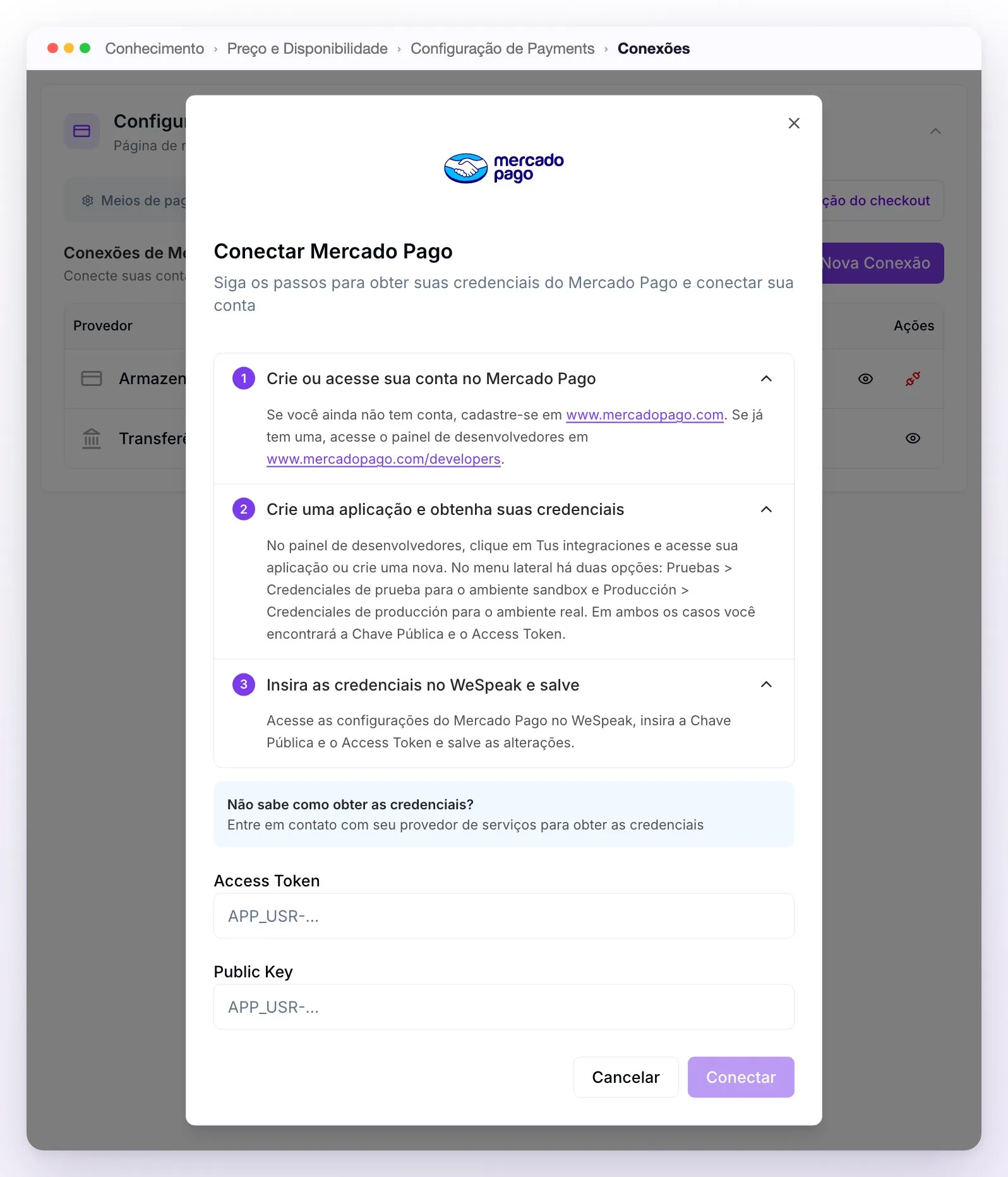 A janela Conectar Mercado Pago com o guia de três passos para obter as credenciais, os campos Access Token e Public Key e o botão Conectar