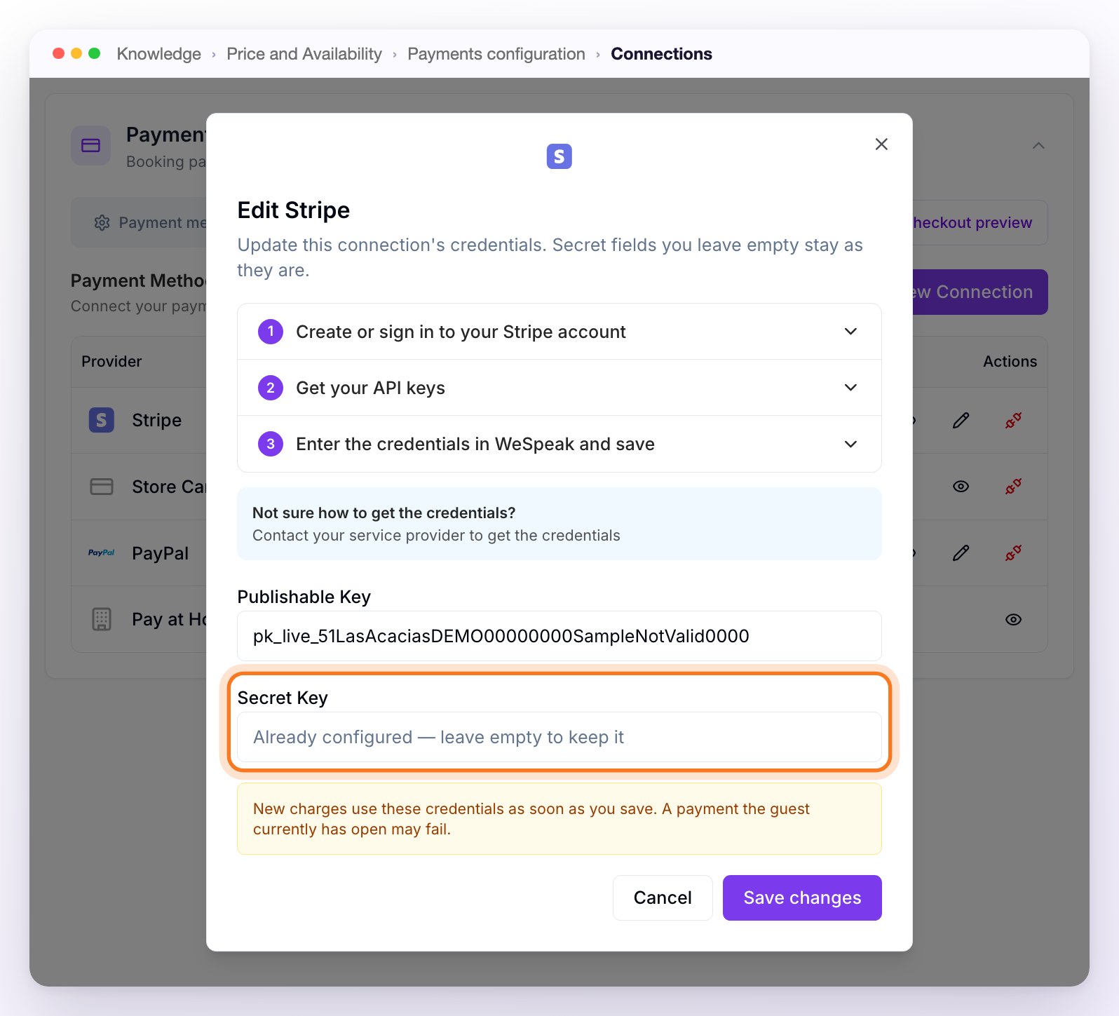 The Edit Stripe window with the guide collapsed, the Publishable Key filled in, the empty Secret Key field showing Already configured highlighted, and the warning about payments in progress