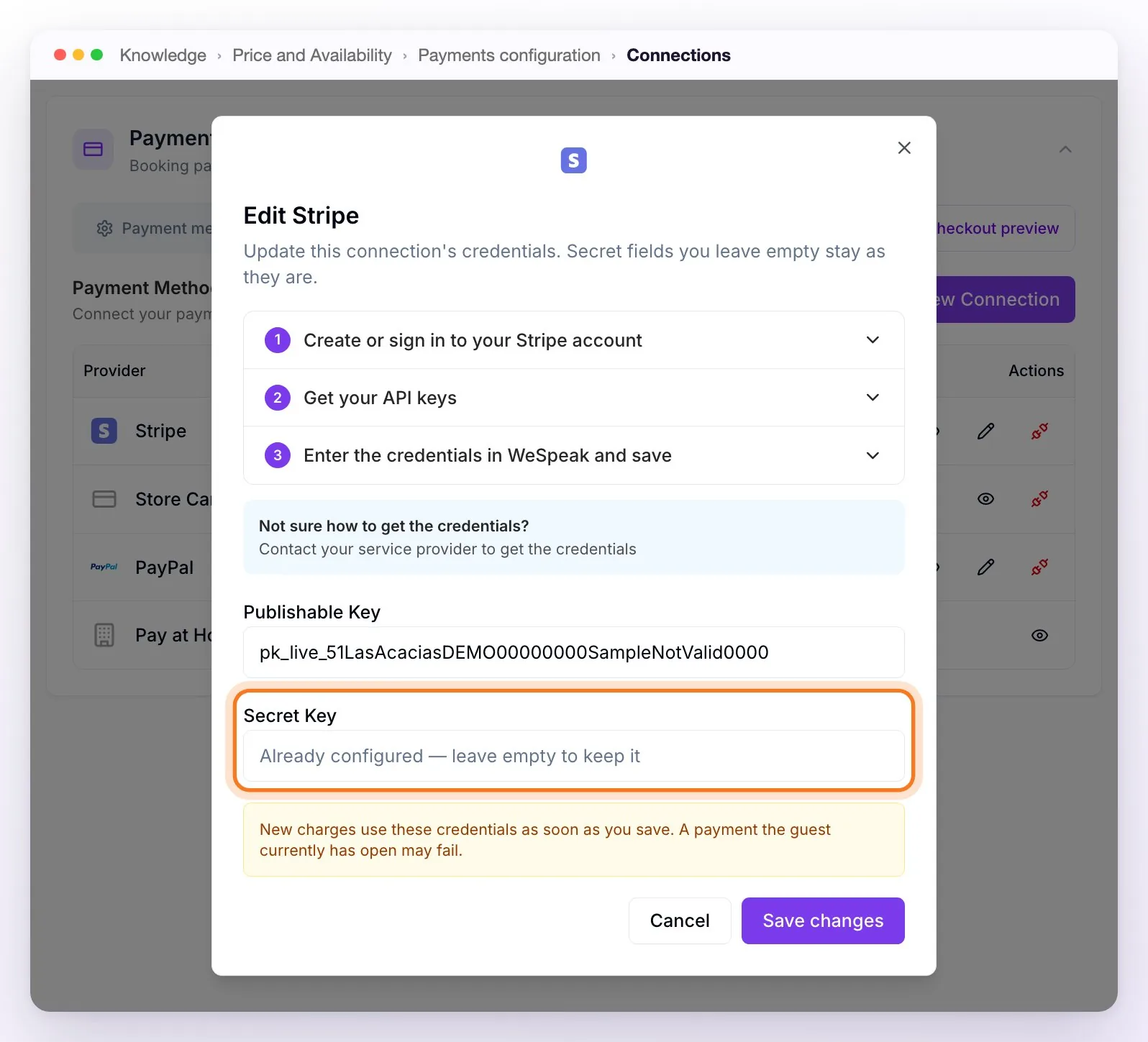 The Edit Stripe window with the guide collapsed, the Publishable Key filled in, the empty Secret Key field showing Already configured highlighted, and the warning about payments in progress