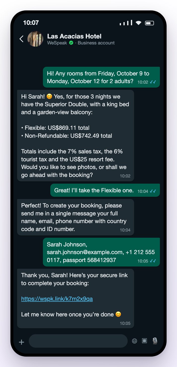 The guest’s WhatsApp conversation: the assistant quotes the Superior Double with the total including taxes, asks for the guest’s details in a single message and sends the secure link to complete the booking
