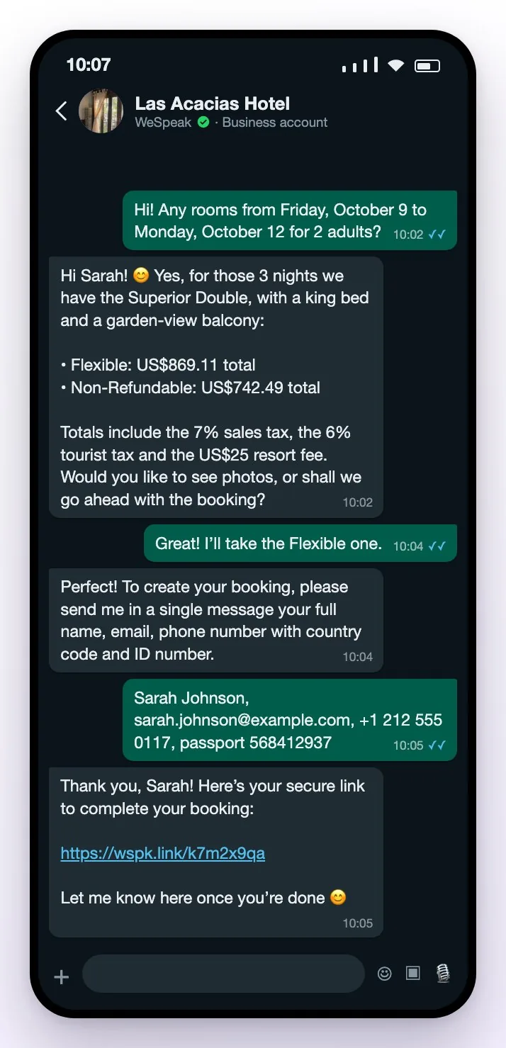 The guest’s WhatsApp conversation: the assistant quotes the Superior Double with the total including taxes, asks for the guest’s details in a single message and sends the secure link to complete the booking