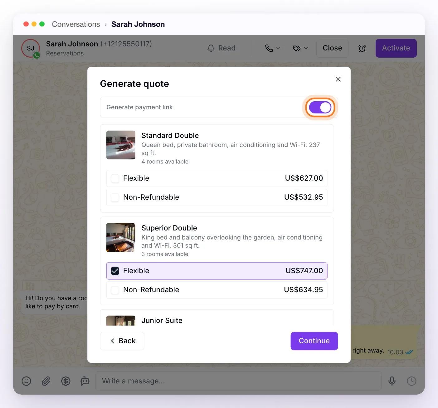 The Generate quote dialog over the conversation, at the rooms step: the Generate payment link switch turned on and the Superior Double’s Flexible rate selected