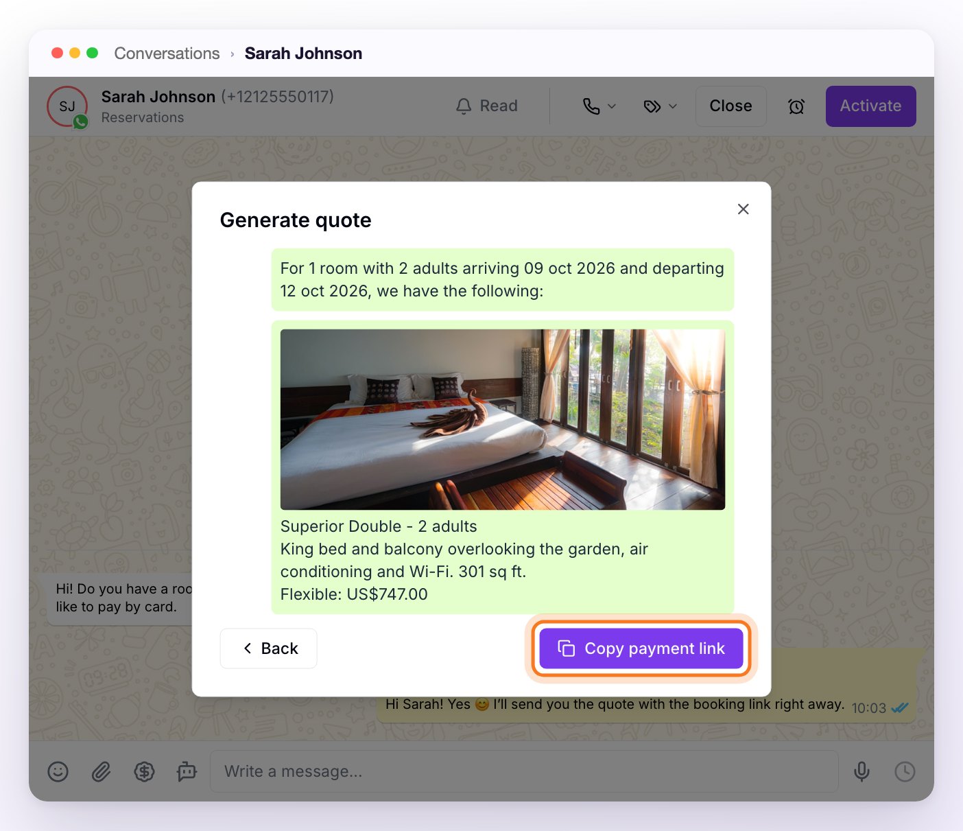 The quote preview, with editable text and the Copy payment link button