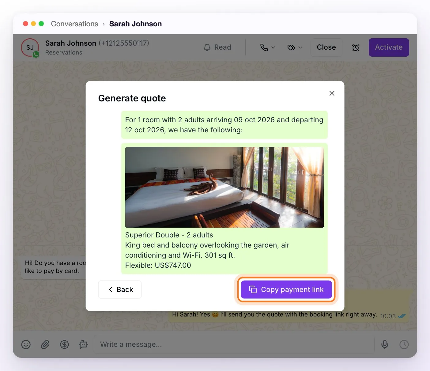 The quote preview, with editable text and the Copy payment link button
