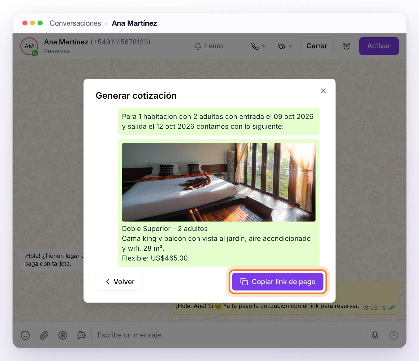 La vista previa de la cotización, con el texto editable y el botón Copiar link de pago
