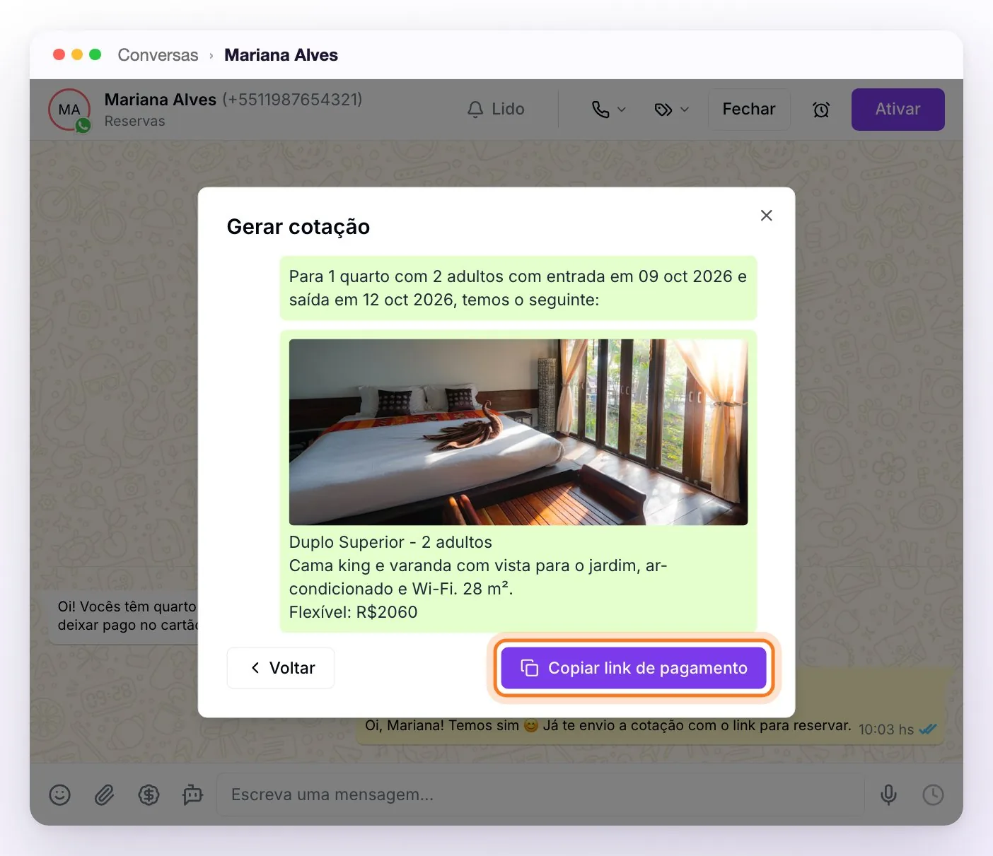 A prévia da cotação, com o texto editável e o botão Copiar link de pagamento