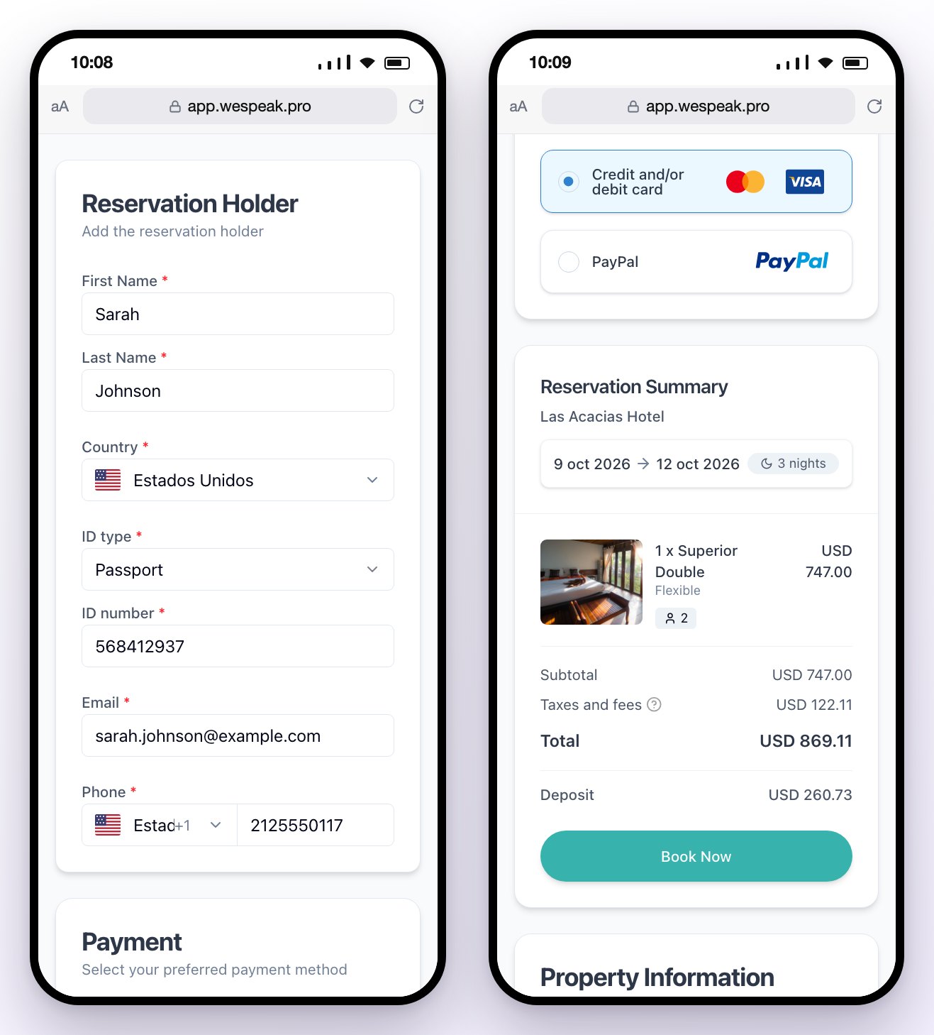 The payment page on the guest’s phone: the Reservation Holder with the guest’s details; the payment methods and the Reservation Summary with the total, the deposit and the Book Now button