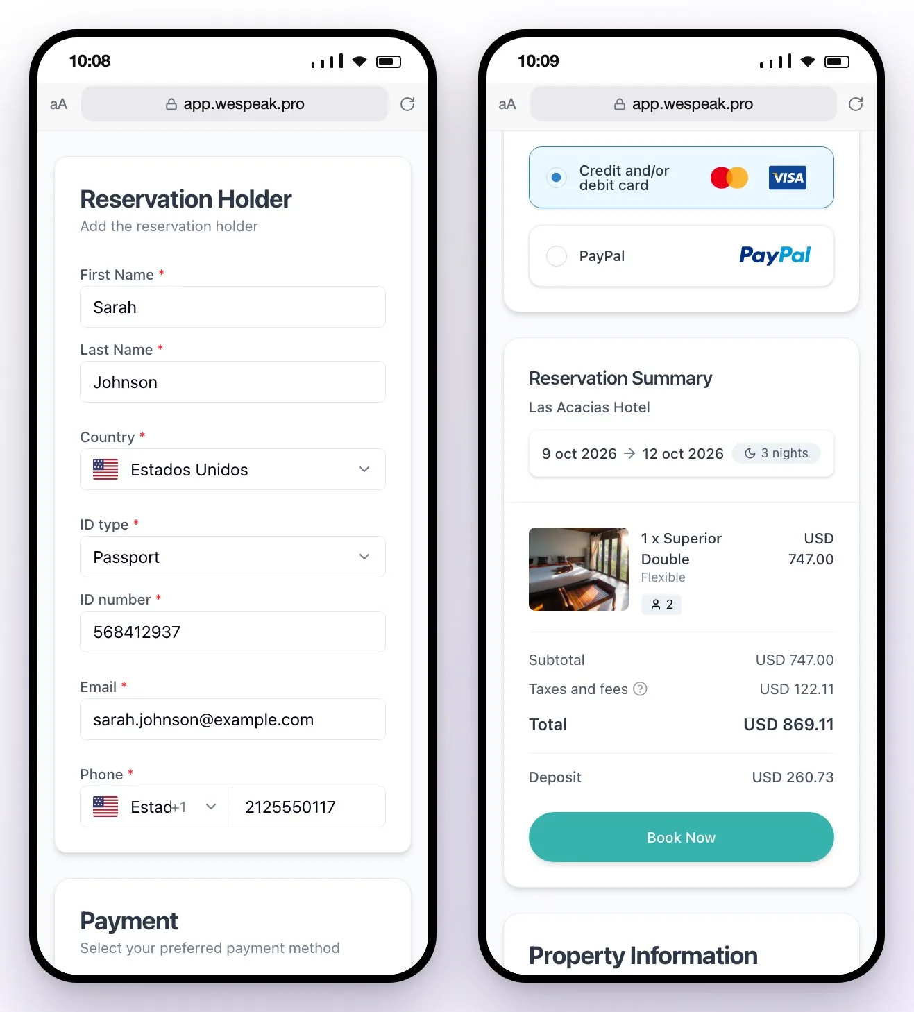The payment page on the guest’s phone: the Reservation Holder with the guest’s details; the payment methods and the Reservation Summary with the total, the deposit and the Book Now button