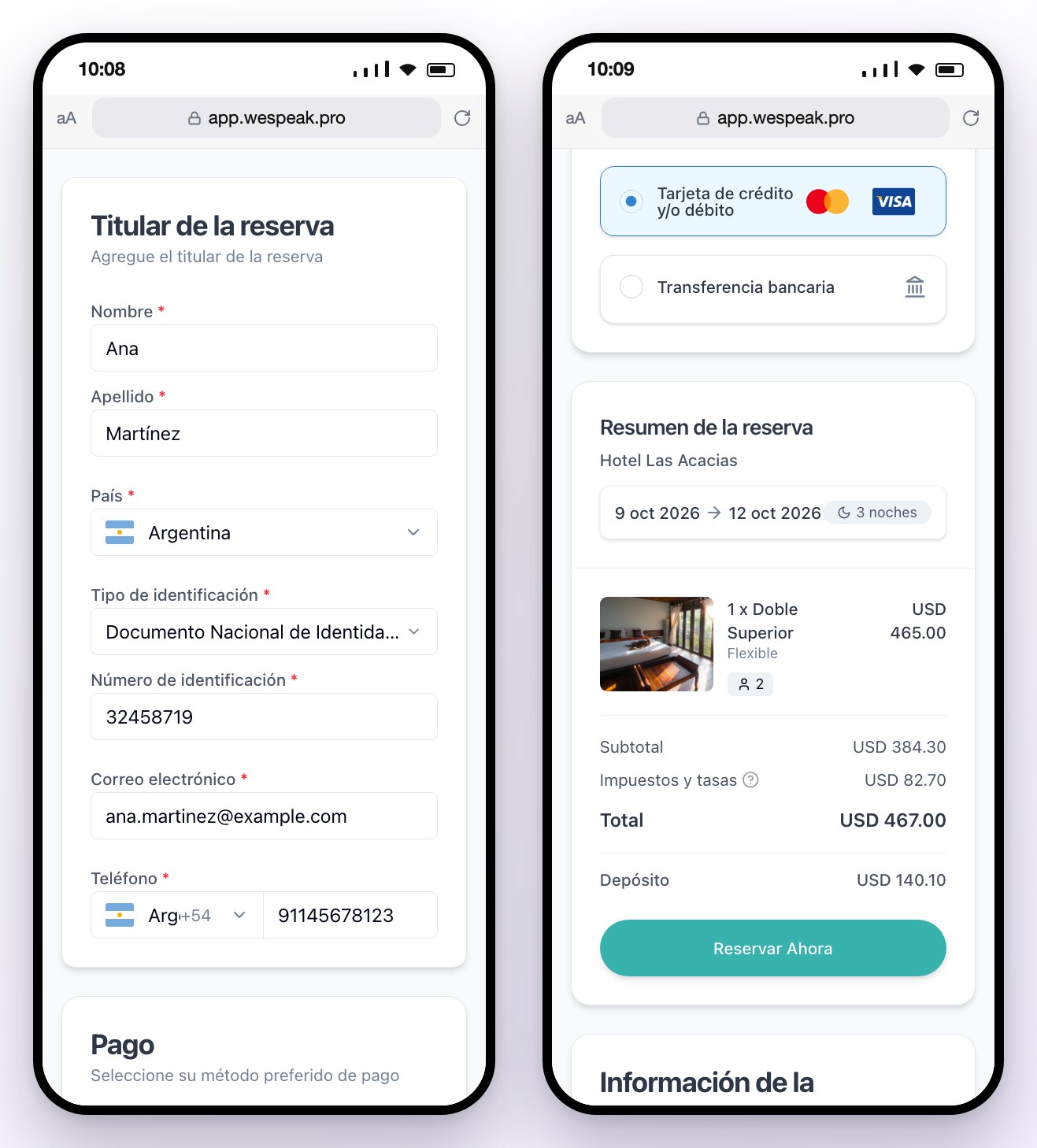 La página de pago en el celular del huésped: el Titular de la reserva con sus datos; los medios de pago y el Resumen de la reserva con el total, el depósito y el botón Reservar Ahora