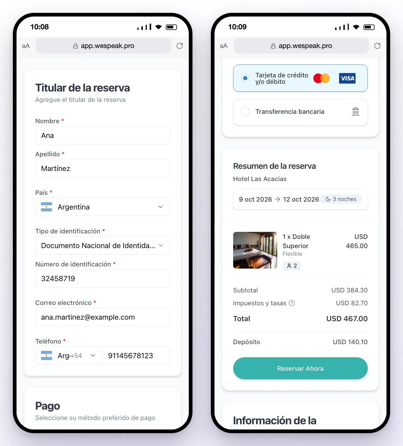 La página de pago en el celular del huésped: el Titular de la reserva con sus datos; los medios de pago y el Resumen de la reserva con el total, el depósito y el botón Reservar Ahora