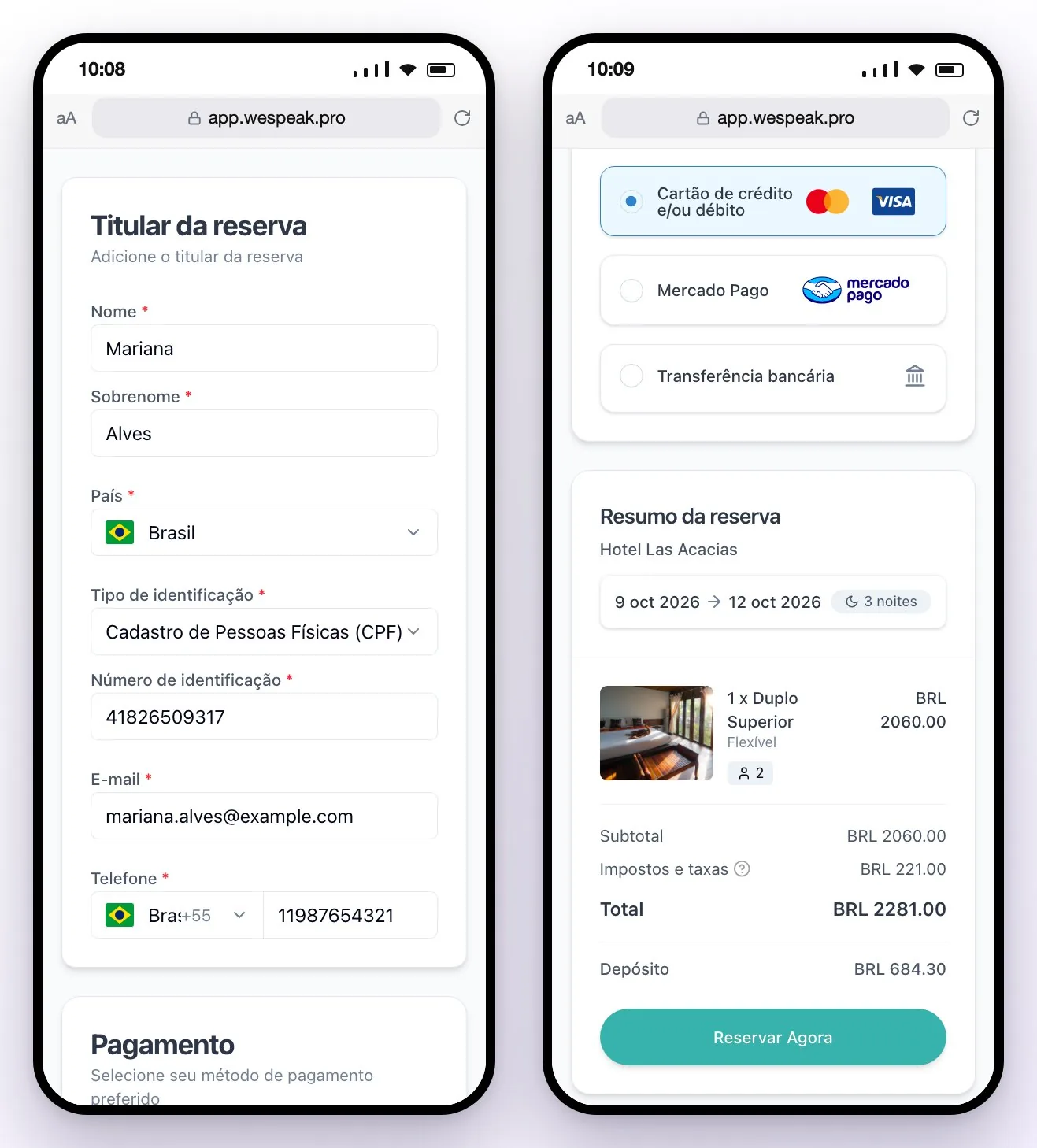 A página de pagamento no celular da hóspede: o Titular da reserva com os dados; os meios de pagamento e o Resumo da reserva com o total, o depósito e o botão Reservar Agora