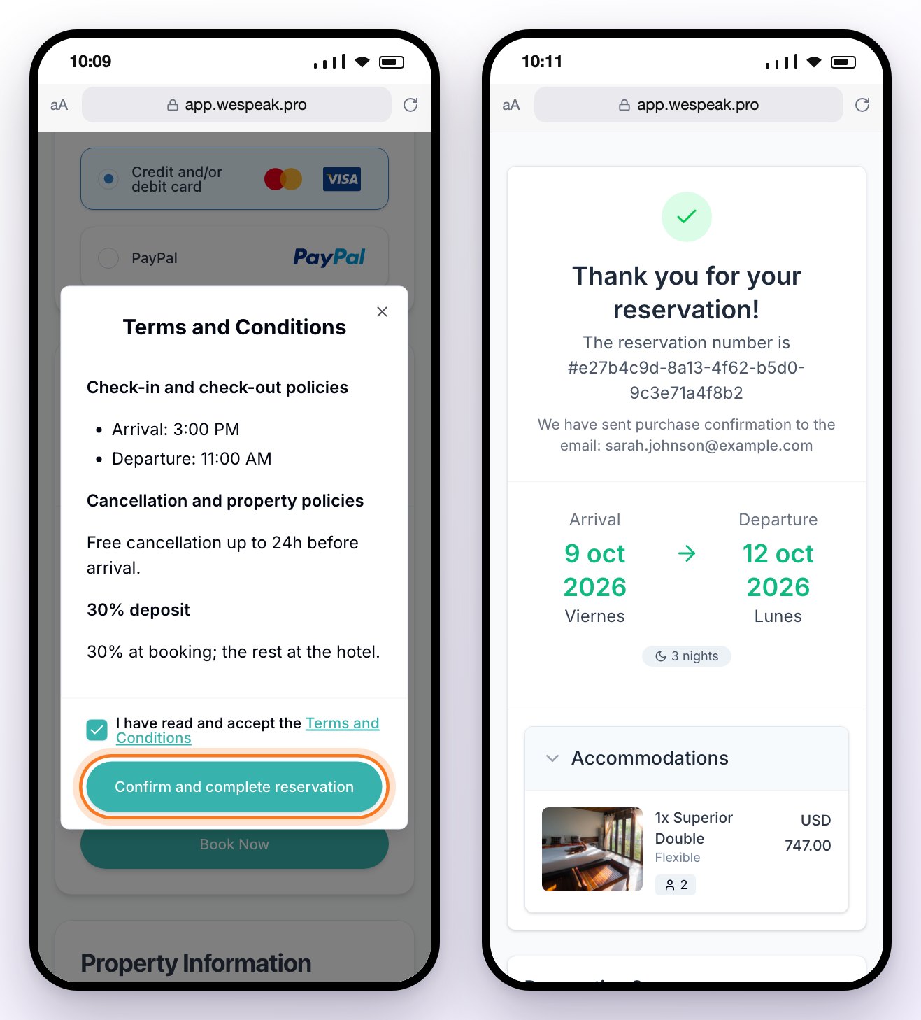 The Terms and Conditions with the Confirm and complete reservation button and, next to it, the confirmation with the reservation number, dates and room