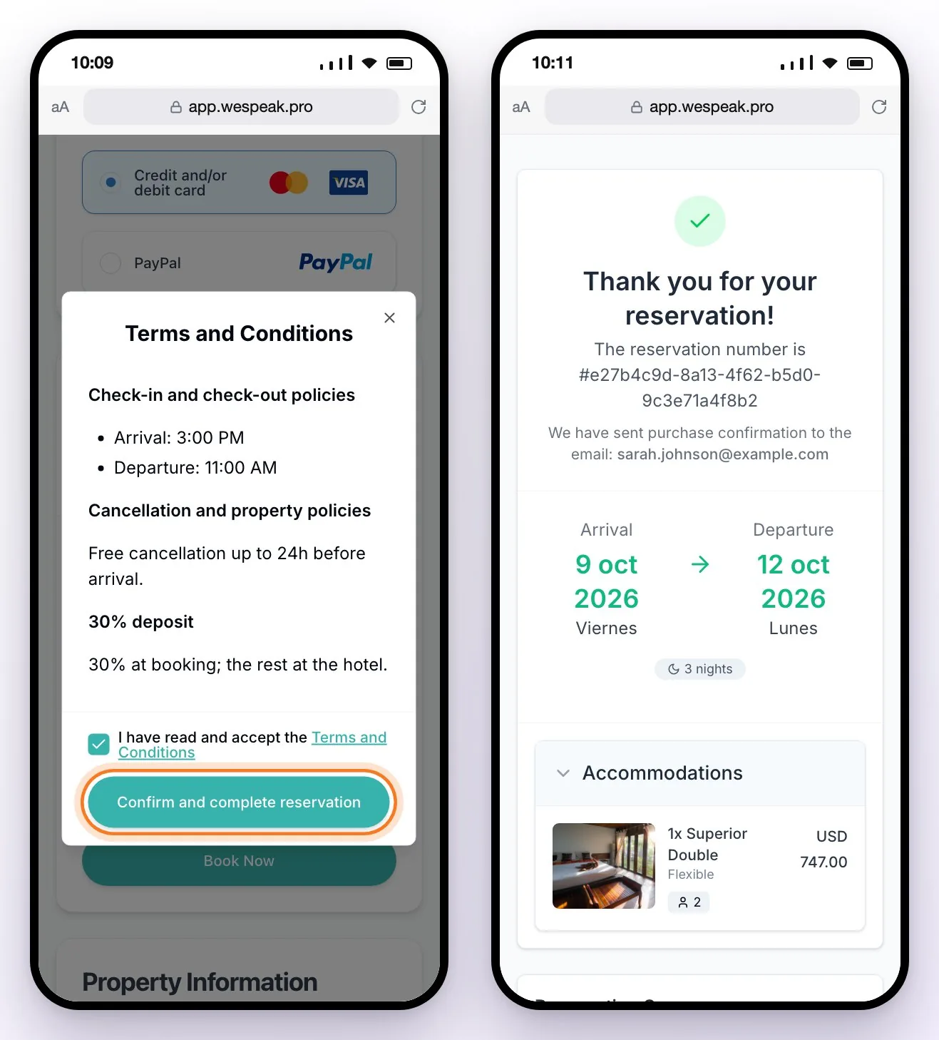 The Terms and Conditions with the Confirm and complete reservation button and, next to it, the confirmation with the reservation number, dates and room