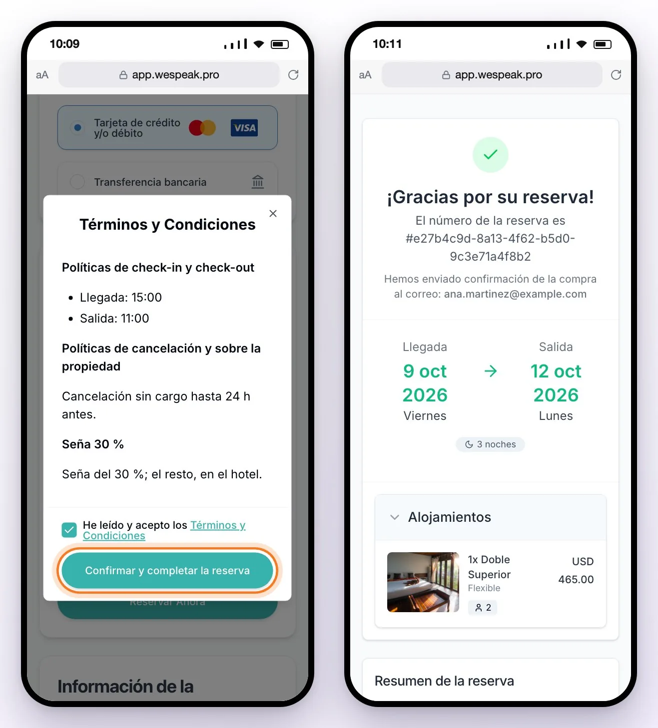 Los Términos y Condiciones con el botón Confirmar y completar la reserva y, al lado, la confirmación con el número de reserva, las fechas y la habitación