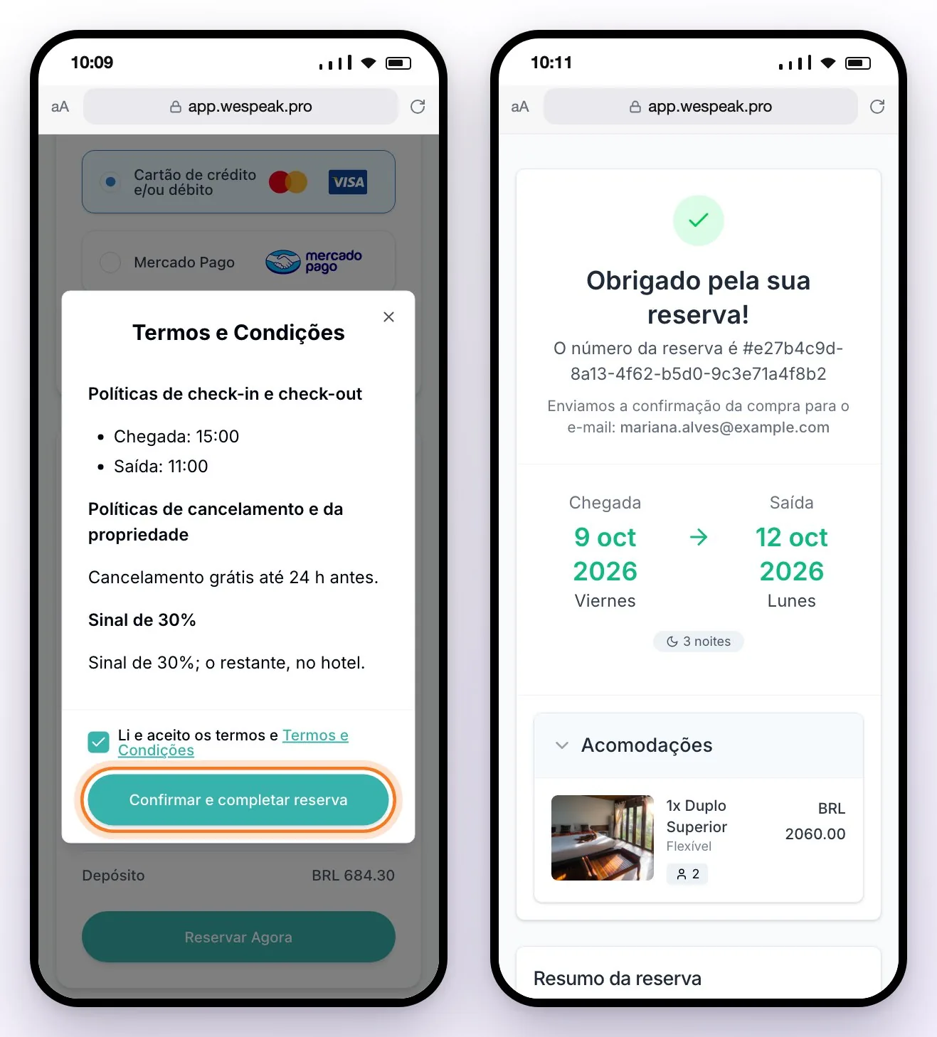 Os Termos e Condições com o botão Confirmar e completar reserva e, ao lado, a confirmação com o número da reserva, as datas e o quarto