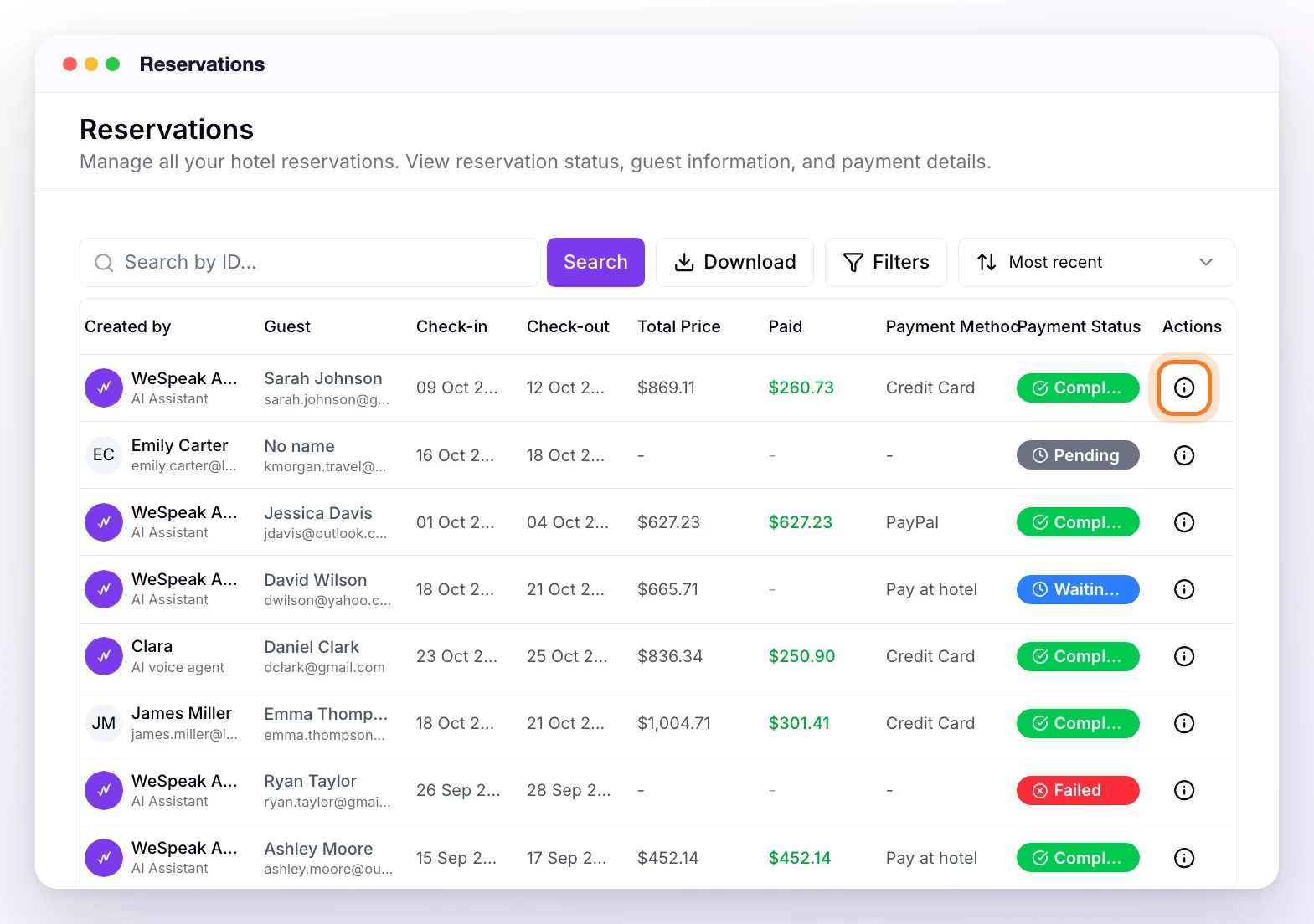 The Reservations section with the search box, the Download and Filters buttons, the Most recent sort and the reservation list: Sarah Johnson's on top, paid by card, and others paid at the hotel and waiting for payment, a pending link and a failed one; the details icon of the first reservation is highlighted