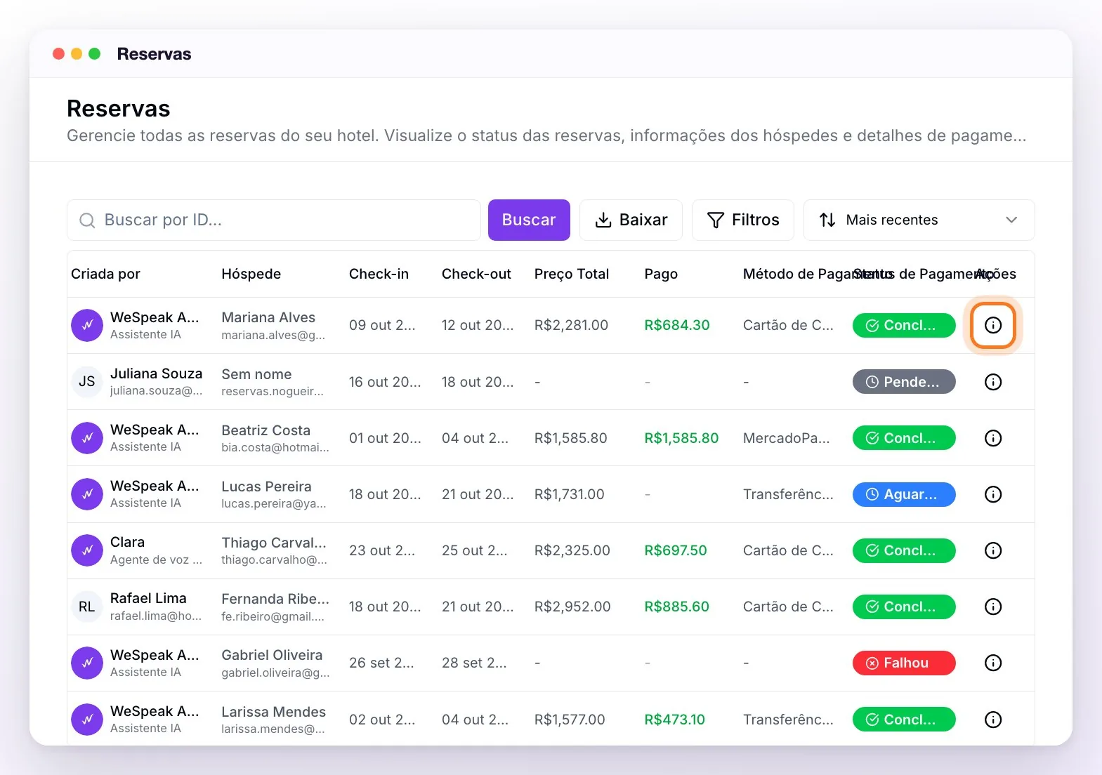 A seção Reservas com a busca, os botões Baixar e Filtros, a ordem Mais recentes e a lista de reservas: a de Mariana Alves no topo, paga com cartão, e outras com transferência aguardando pagamento, um link pendente e uma que falhou; o ícone de detalhes da primeira reserva está destacado