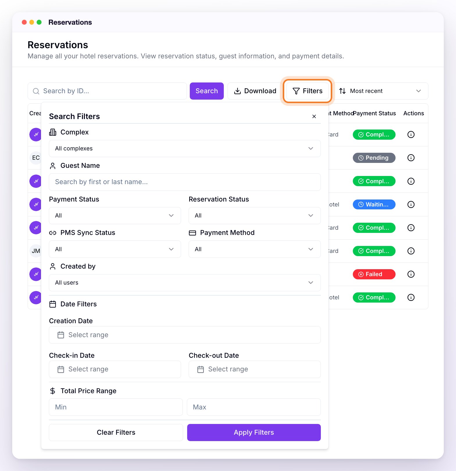 The Search Filters panel open over the Reservations section, with the Complex, Guest Name, Payment Status, Reservation Status, PMS Sync Status, Payment Method and Created by filters, the creation, check-in and check-out dates, the price range and the Clear Filters and Apply Filters buttons