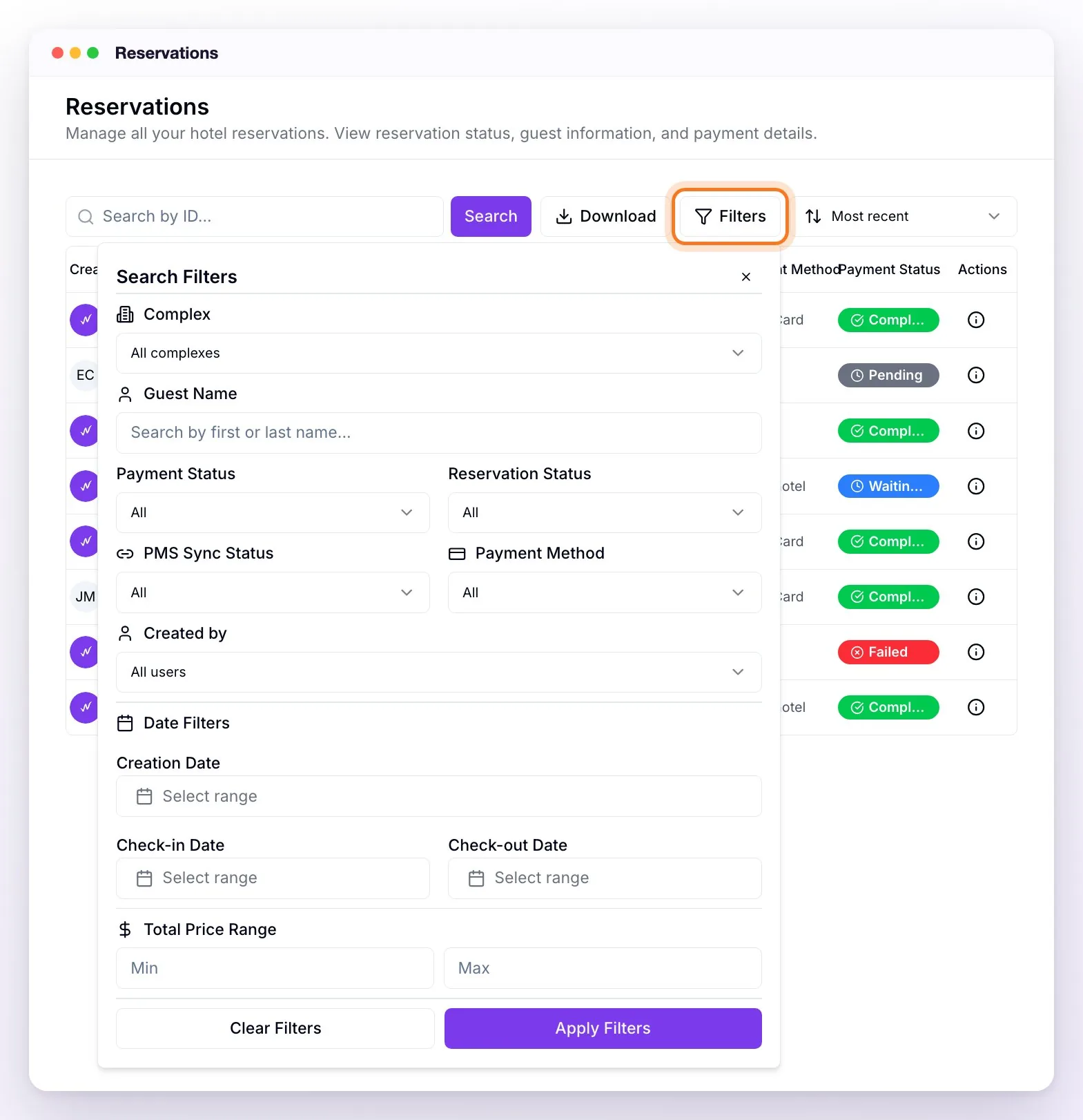The Search Filters panel open over the Reservations section, with the Complex, Guest Name, Payment Status, Reservation Status, PMS Sync Status, Payment Method and Created by filters, the creation, check-in and check-out dates, the price range and the Clear Filters and Apply Filters buttons