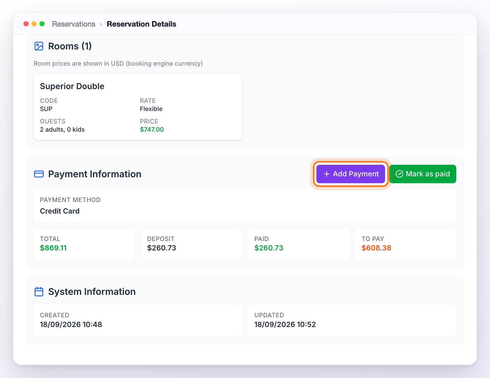 Payment Information of Sarah Johnson's reservation, with the Add Payment (highlighted) and Mark as paid buttons, the Credit Card method and the amounts Total 869.11, Deposit 260.73, Paid 260.73 and To Pay 608.38