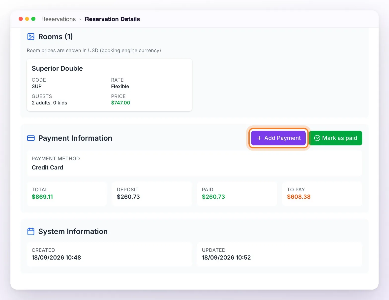 Payment Information of Sarah Johnson's reservation, with the Add Payment (highlighted) and Mark as paid buttons, the Credit Card method and the amounts Total 869.11, Deposit 260.73, Paid 260.73 and To Pay 608.38