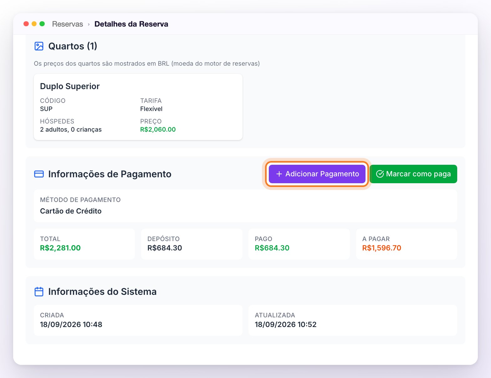 Informações de Pagamento da reserva de Mariana Alves, com os botões Adicionar Pagamento (destacado) e Marcar como paga, o método Cartão de Crédito e os valores Total 2.281,00, Depósito 684,30, Pago 684,30 e A Pagar 1.596,70