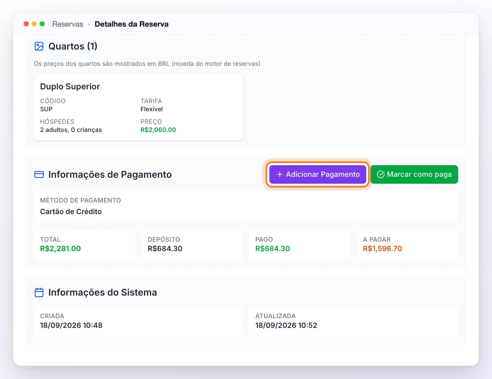 Informações de Pagamento da reserva de Mariana Alves, com os botões Adicionar Pagamento (destacado) e Marcar como paga, o método Cartão de Crédito e os valores Total 2.281,00, Depósito 684,30, Pago 684,30 e A Pagar 1.596,70
